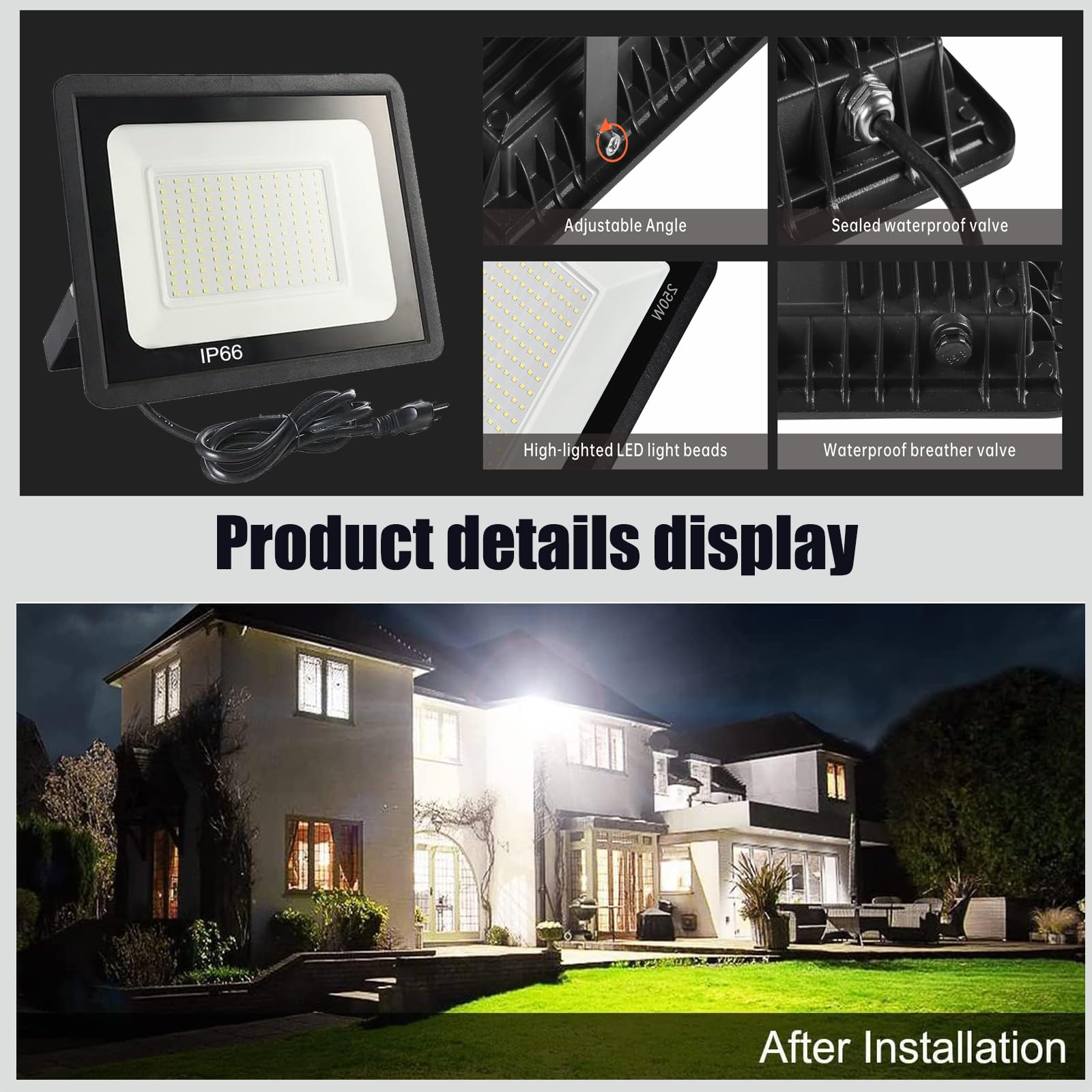 Starfishhome 2 Pack 250W Led Flood Light Outdoor,27000Lm Led Work Light With Us Plug,6000K Daylight White,Ip67 Waterproof Outdoo