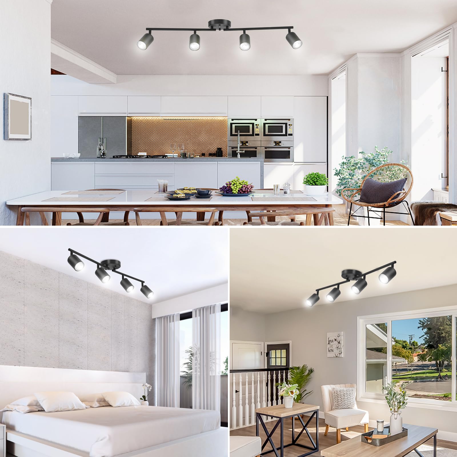 Boostarea Led 4 Light Track Lighting Kit, Black 4 Way Ceiling Spot Lighting, Flexibly Rotatable Light Head For Kitchen, Living R