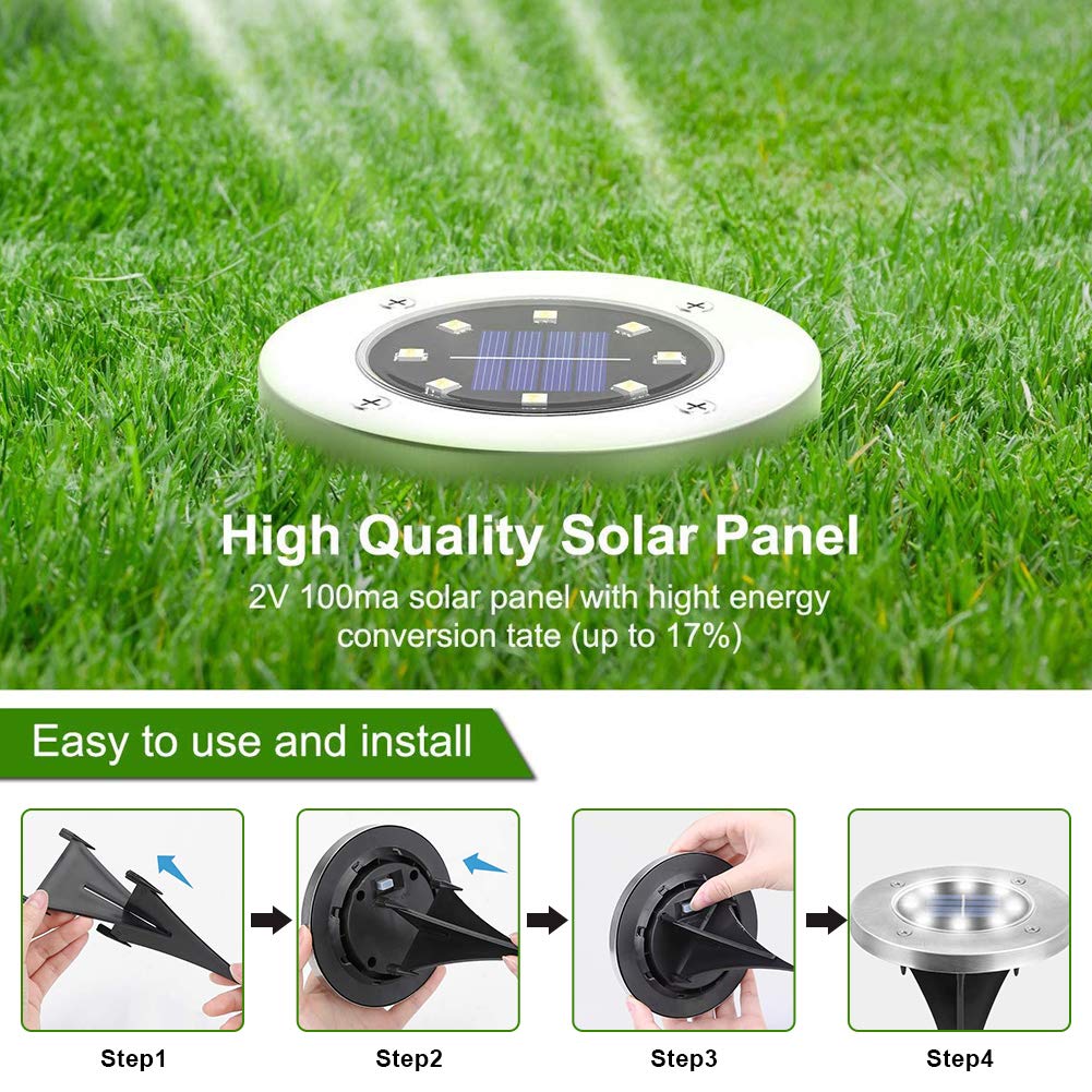 ZGWJ Solar Ground Lights, 8 LED Disk Lights, Stainless Steel, White Light, 8 Pack, Model DMD8PACK