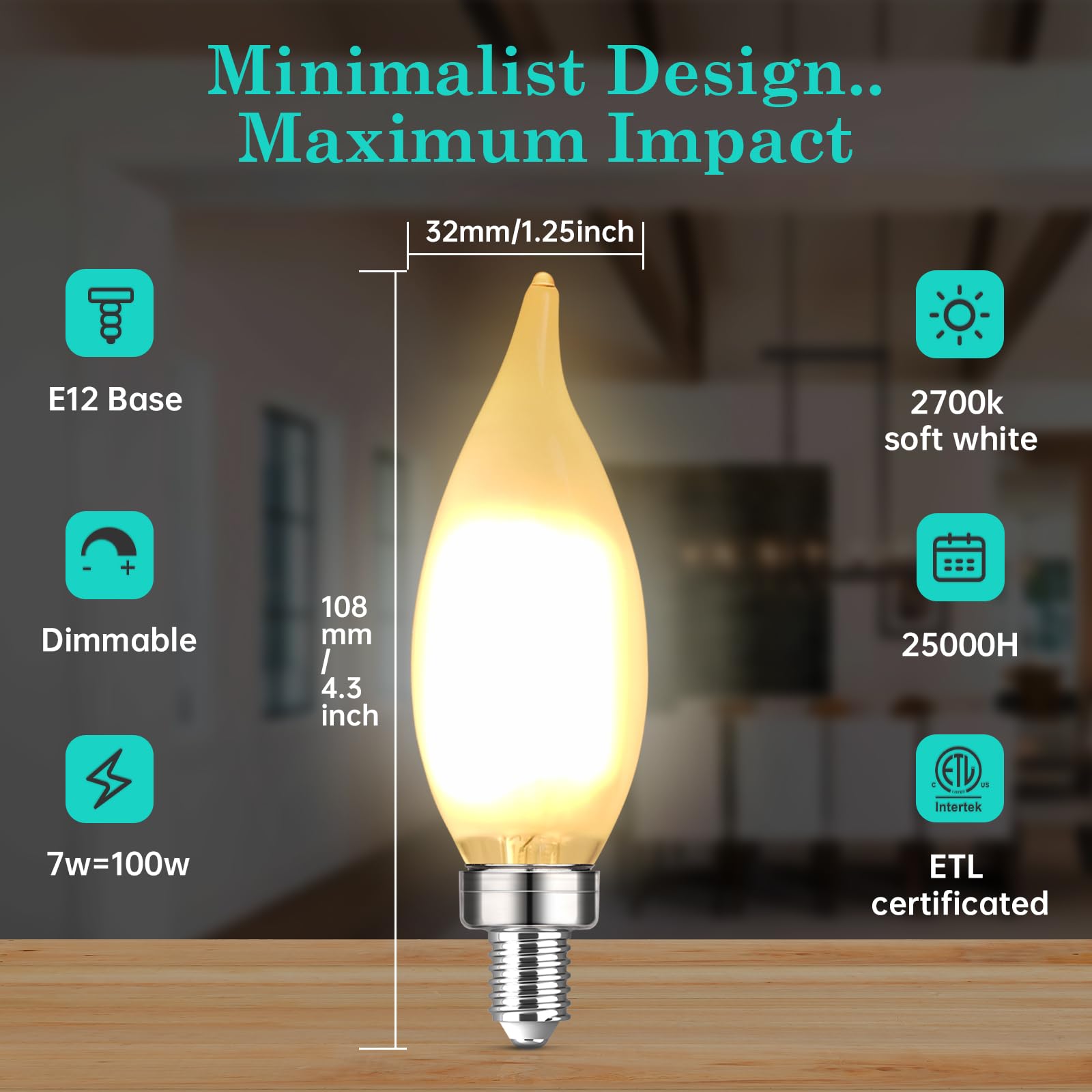 Amdtu 100W Equivalent E12 Frosted Led Candelabra Bulb, Dimmable Ca10 Candle, Small Base, Ideal For Living Rooms, Dining Rooms, A