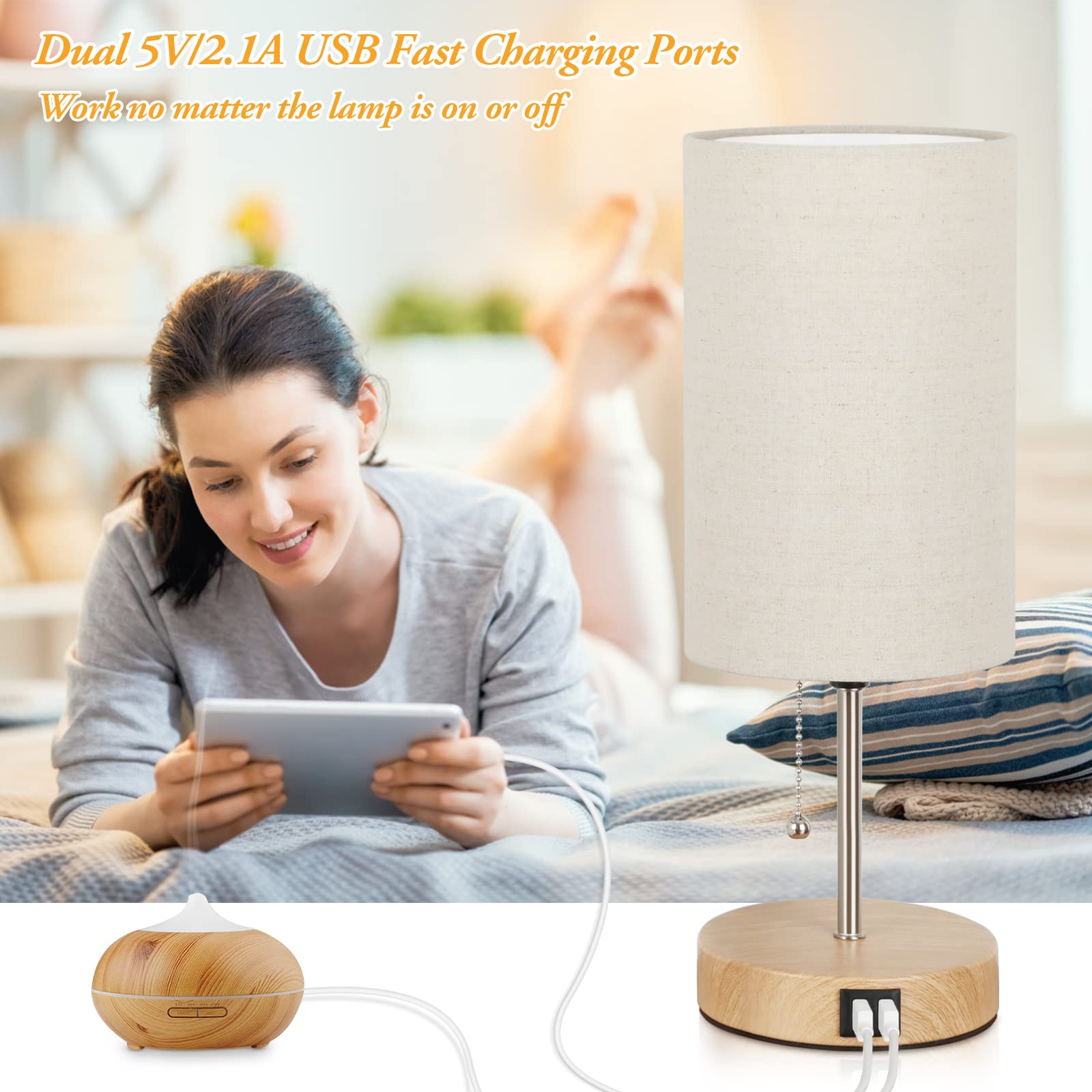 Lakumu Set of 2 Table Lamps with USB Ports, Cream Shade, Wood Base, Model ST0011