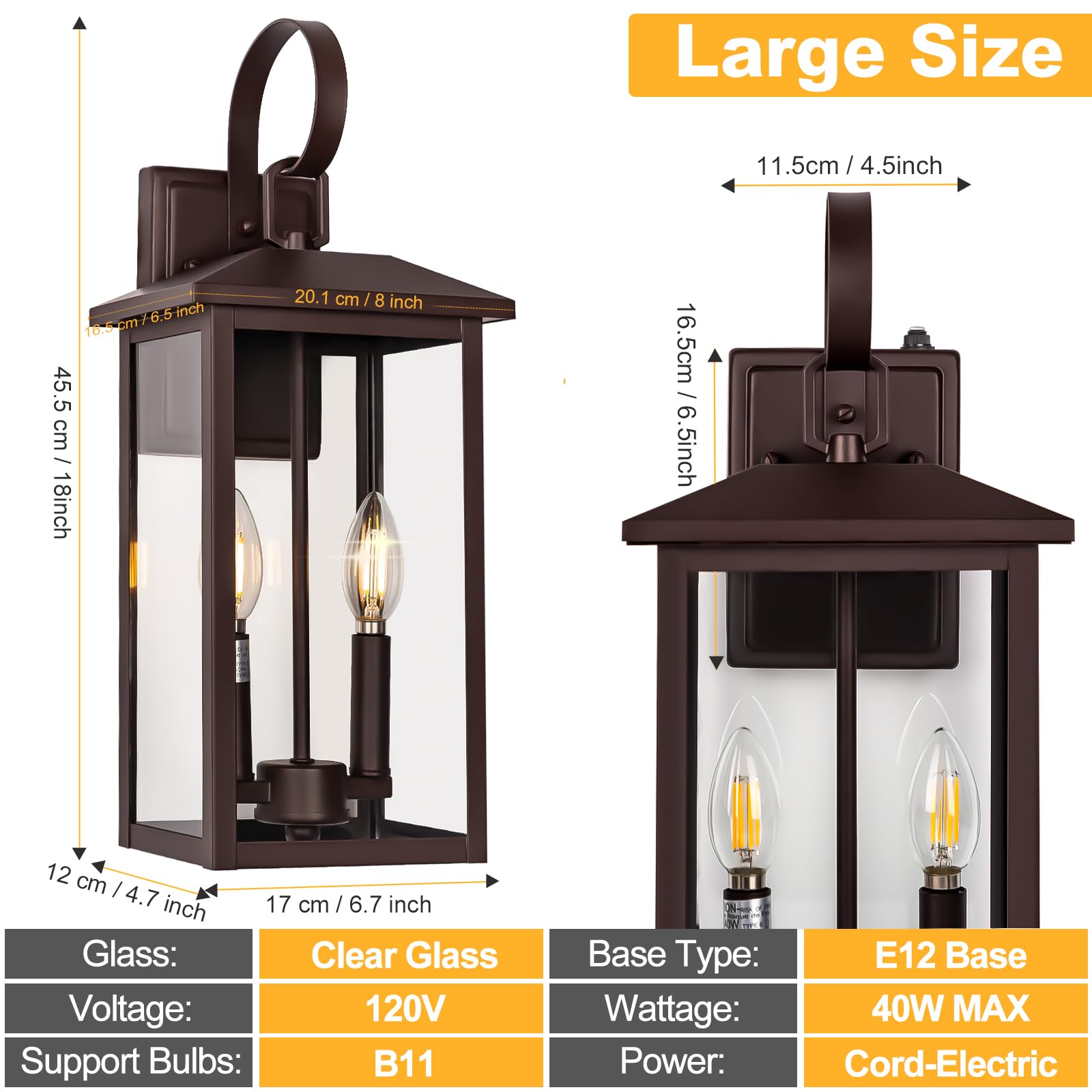 Extra Large Exterior Lighting Fixtures Bronze, Dusk Till Dawn Outdoor Light Fixture, 2-Light Outdoor Wall Fixture With E12 Socket, 18" Porch Light Fixtures For House, Garage, Patio, Door, Backyard