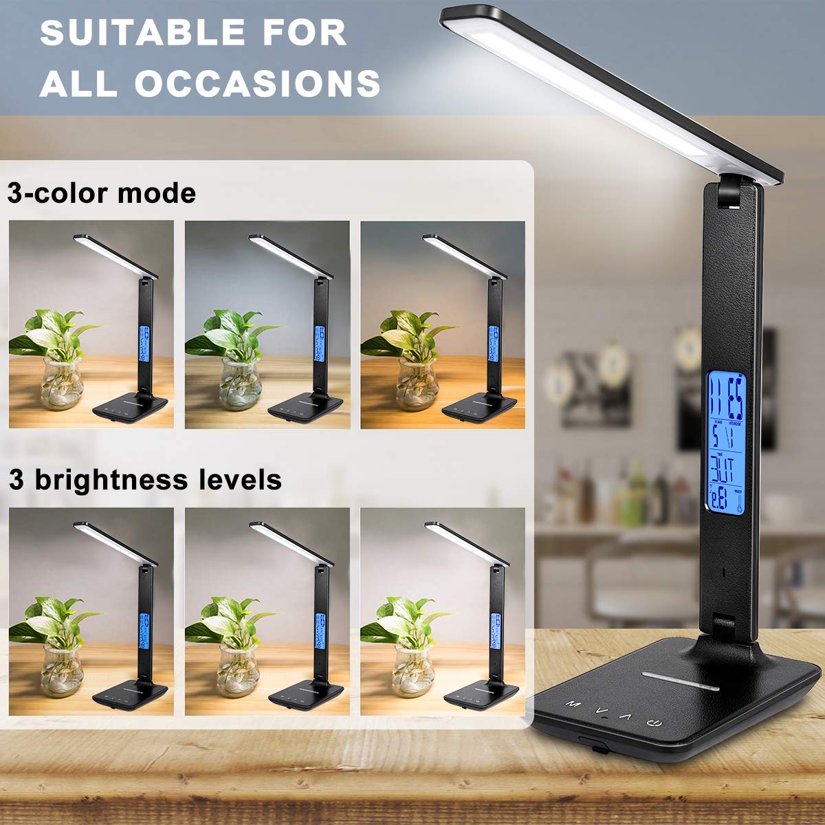 XIZDDL LED Desk Lamp with Wireless Charger, USB Port, Built-in Clock, Black, Model NIVEOLI