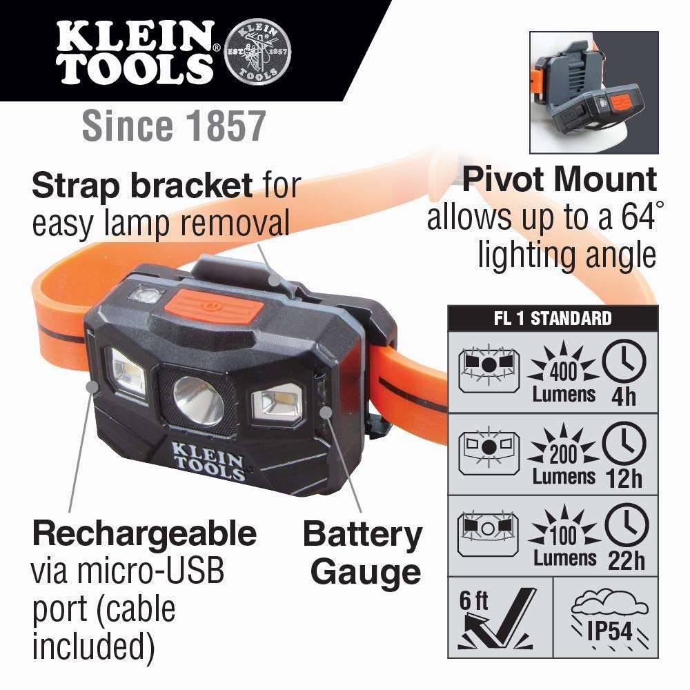 Klein Tools 56064 LED Headlamp, 400 Lumen, Rechargeable, Auto-Off, Silicone Strap, Orange