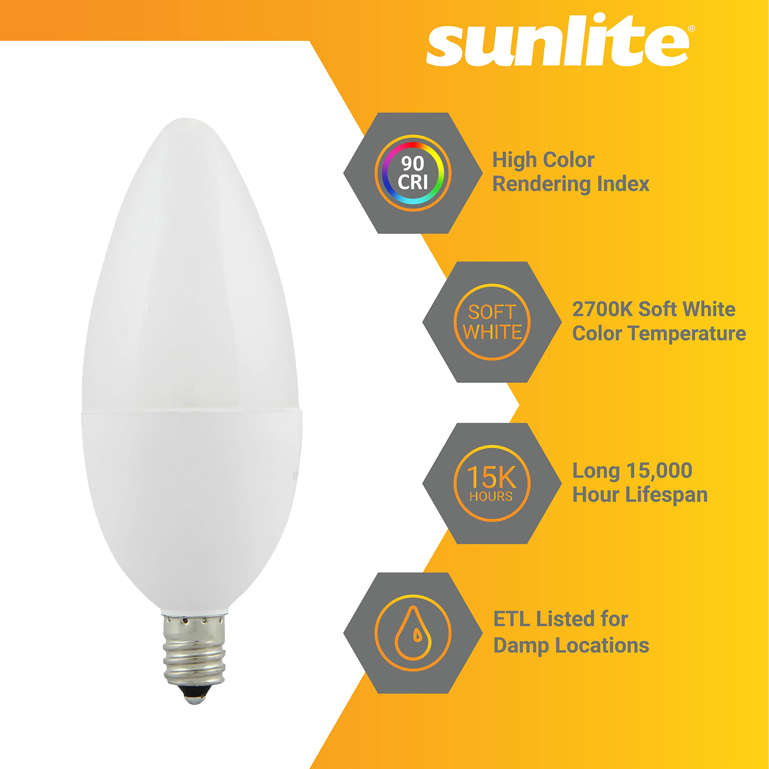 Sunlite LED B13 Chandelier Light Bulb, 7W (60W Equivalent), 500 Lumens, Dimmable, E12 Base, 2700K Soft White, 6
