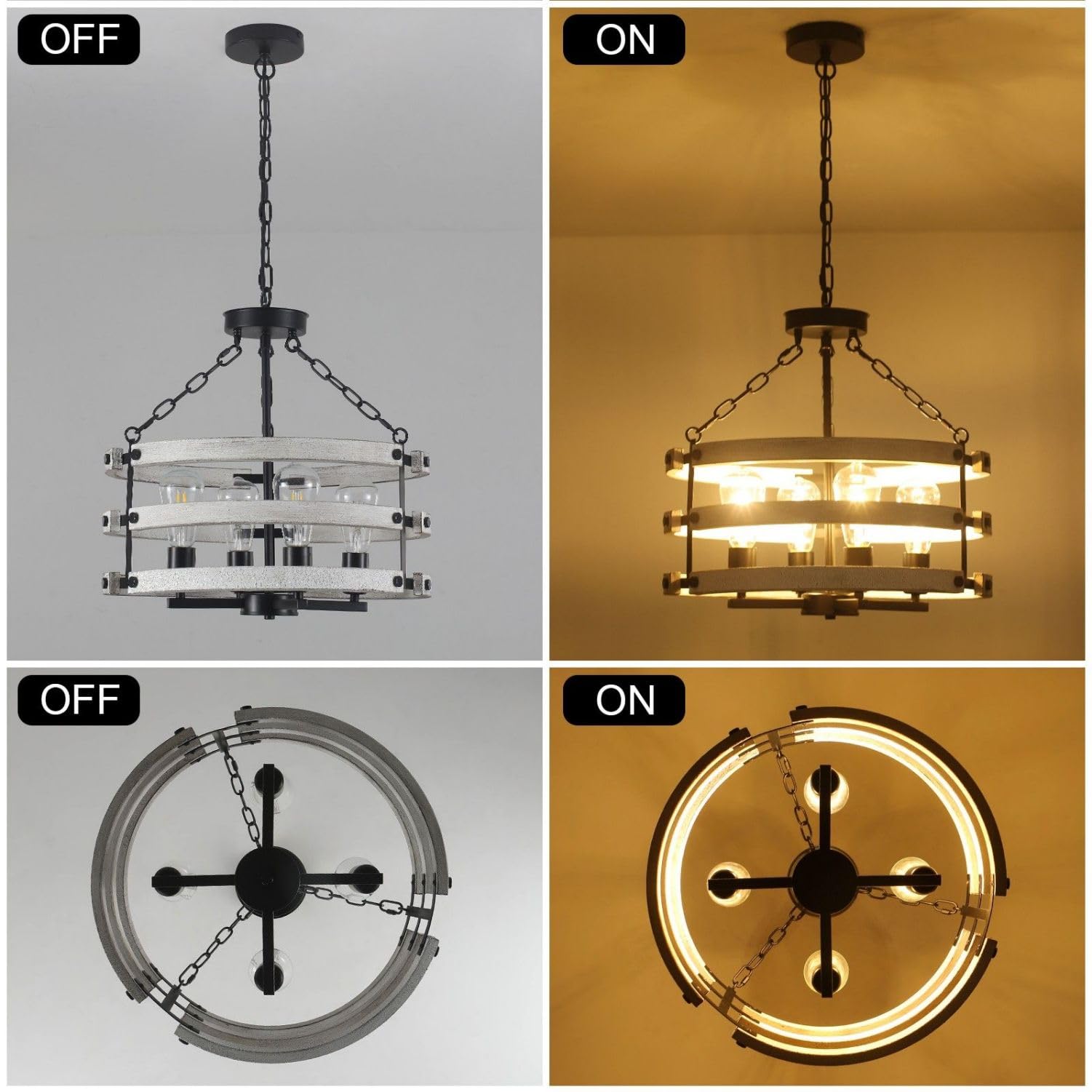 Luupyia Rustic Farmhouse Chandelier, 18.89" White Drum Pendant Light, 4 Lights E26, Vintage Metal Fixture for Dining Room & Entryway