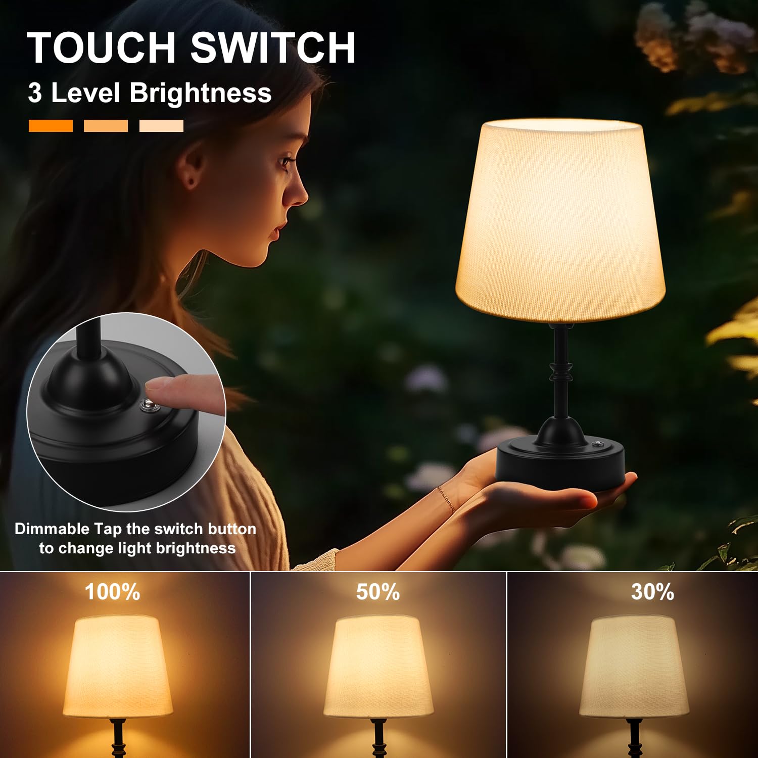 Swinerton Portable Cordless Table Lamp, 3-Level Dimmable, 10.43" Black Metal, Rechargeable Battery Operated, Model 80010499