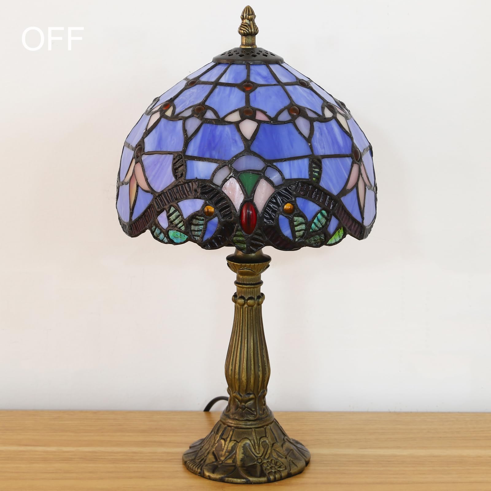 tuomoxte Tiffany Style Table Lamp, Blue Stained Glass, 8 Inch Antique Design for Bedroom, Living Room, Home Office, Includes LED Bulb