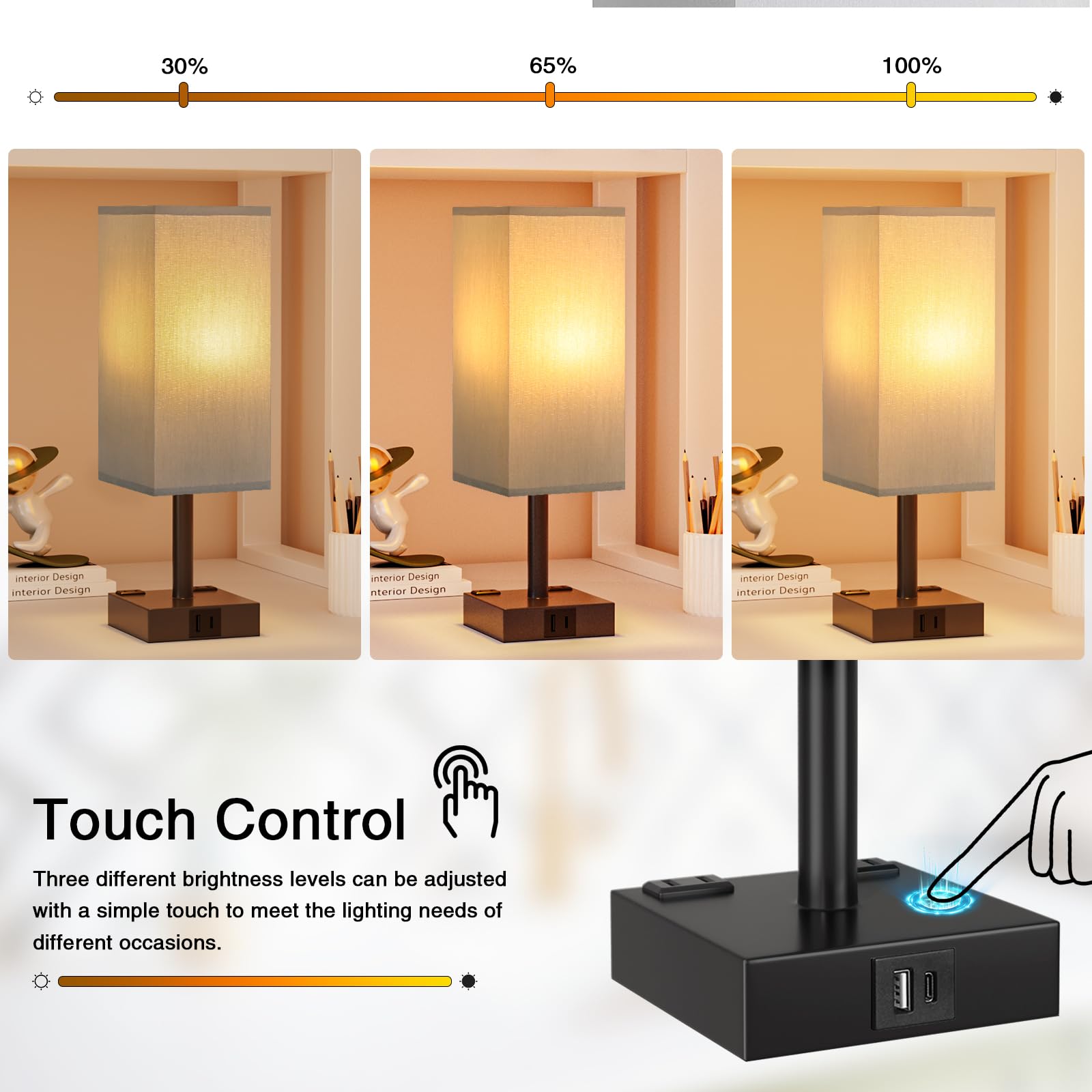 Touch Bedside Table Lamp For Nightstand - 3-Way Dimmable Night Lamp With Usb A + Type C Charging Ports And Two Ac Outlets, Small