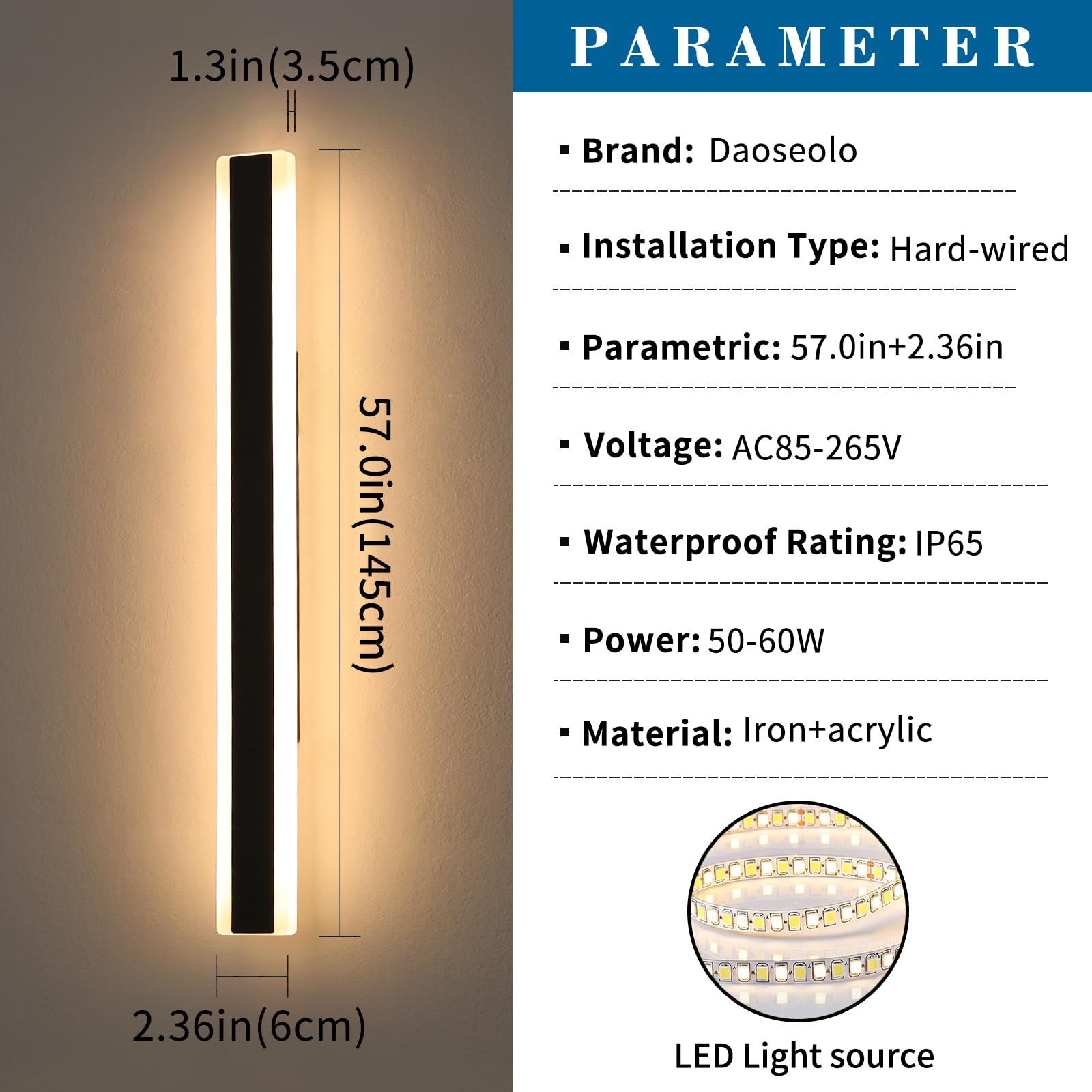 Daoseolo 2 Pack Modern Outdoor Wall Light Dimmable LED 57inch IP65 Waterproof with Remote Control