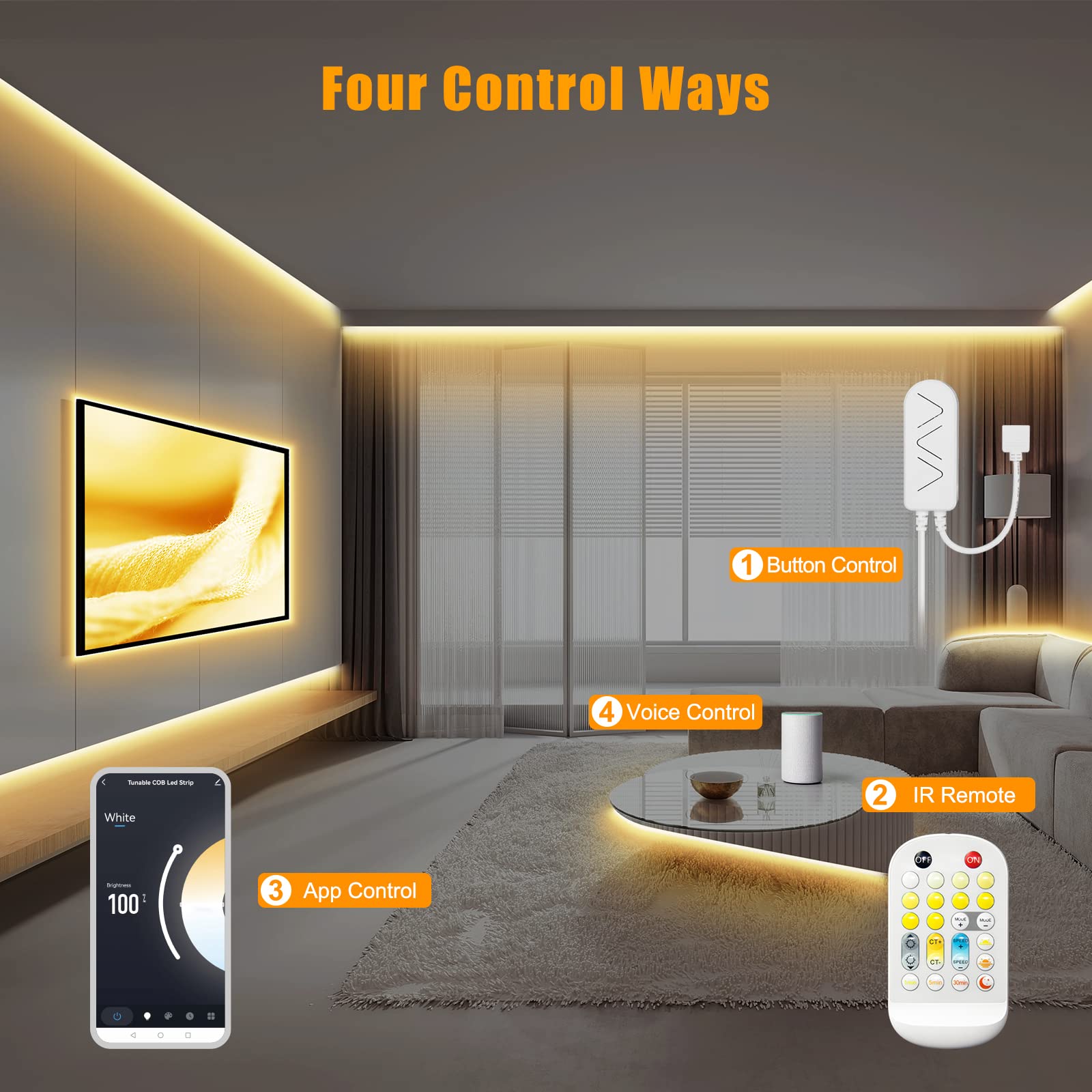Tatazone 16.4Ft Tunable White Smart Cob Led Strip Light Kit, Cct 2700K-6500K Bright Cob Led Tape Light Work With Alexa And Googl