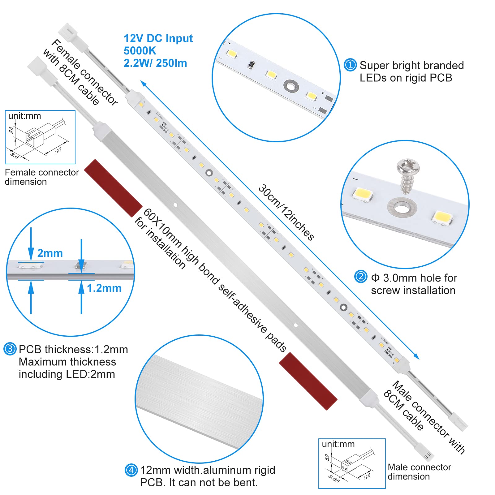 Litever Under Cabinet LED Lighting Kit, 6 PCS 12" Dimmable Light Strips, Daylight 5000K, Model LV6R-LED, Includes Adapter & Dimmer