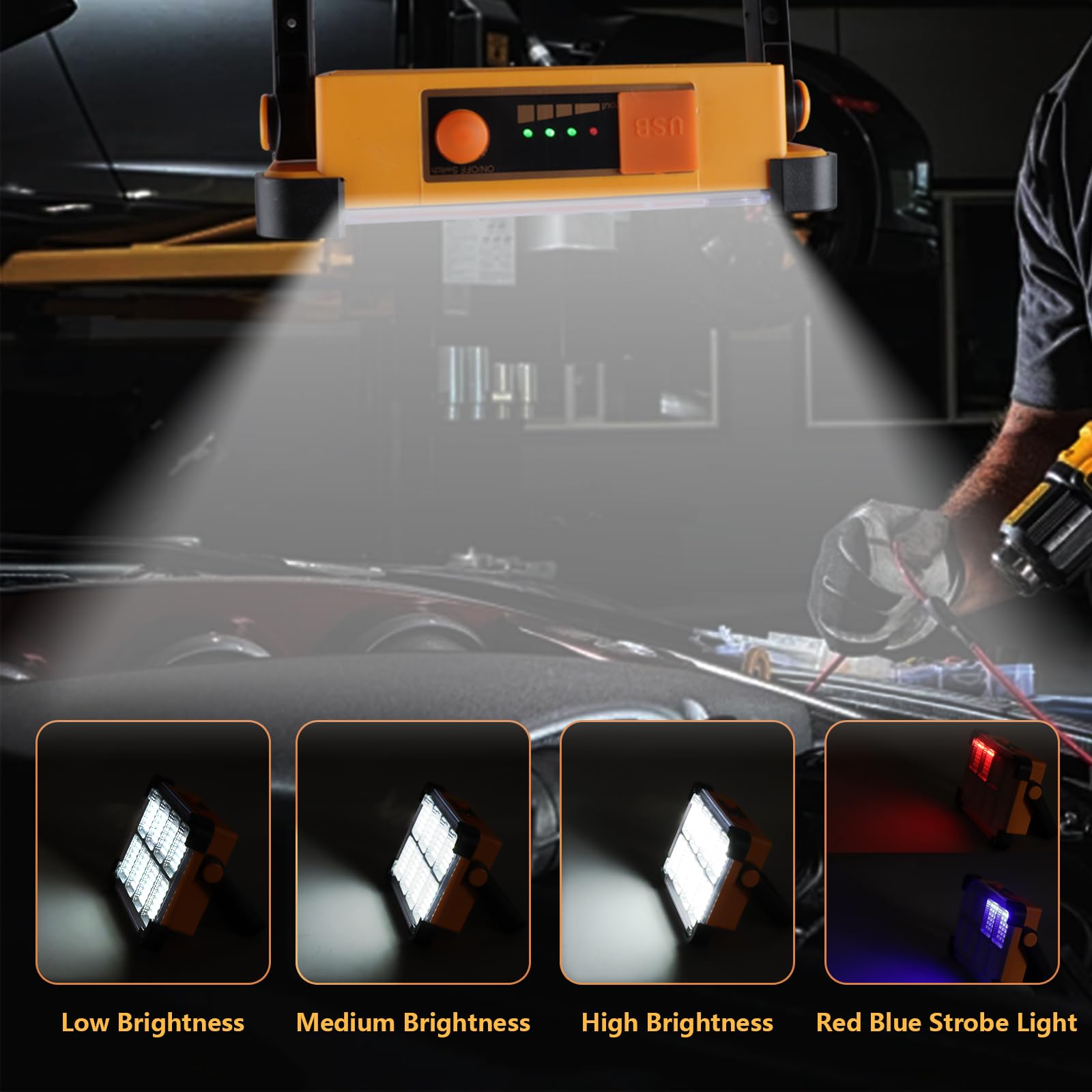 120W Solar Rechargeable Work Light, 144 Led 10000Lm Portable Flood Light With Stand, Ip66 Waterproof Power Bank 4 Modes Led Job