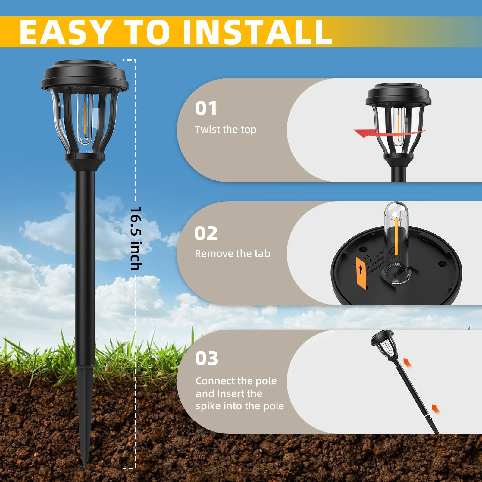 DERAYSION 12 Pack Solar Pathway Lights, Auto On/Off, Waterproof, Black, Model B90H for Garden, Yard, Walkway, Driveway
