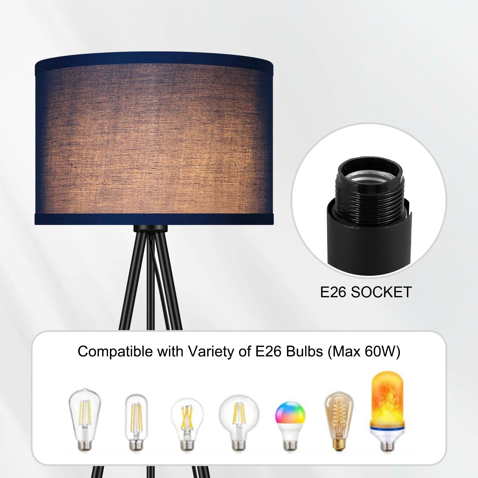 Boostarea Floor Lamp For Living Room, Tripod Floor Lamp, Blue Linen Lamp Shade, Blub Not Included, Mid Century Standing Lamp For