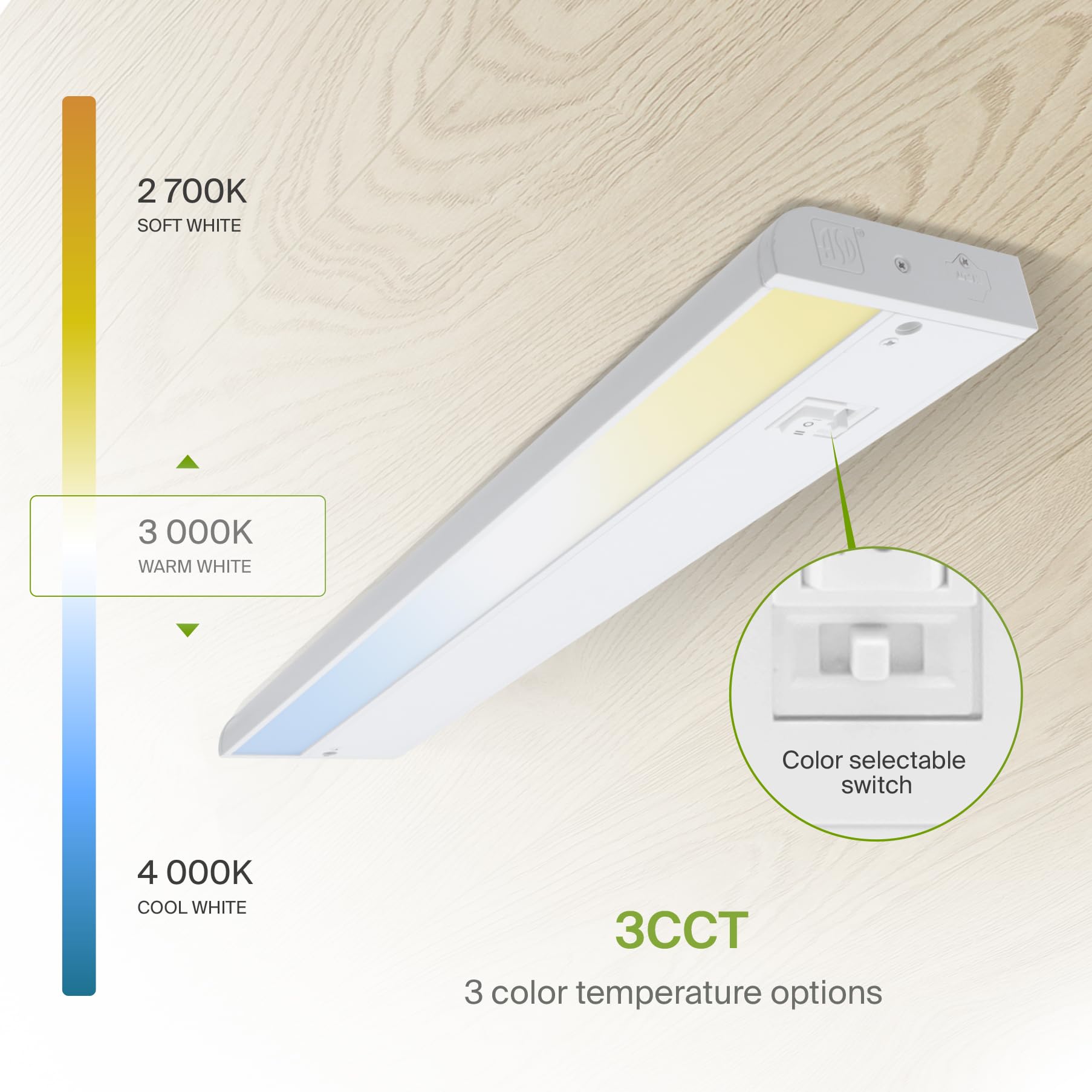Asd Led Under Cabinet Lighting, 12 Inch, Dimmable, Hardwired/Plug-In, 3 Color Levels, Aluminum, White Finish, Model A-Ucl-12D5Cc-W