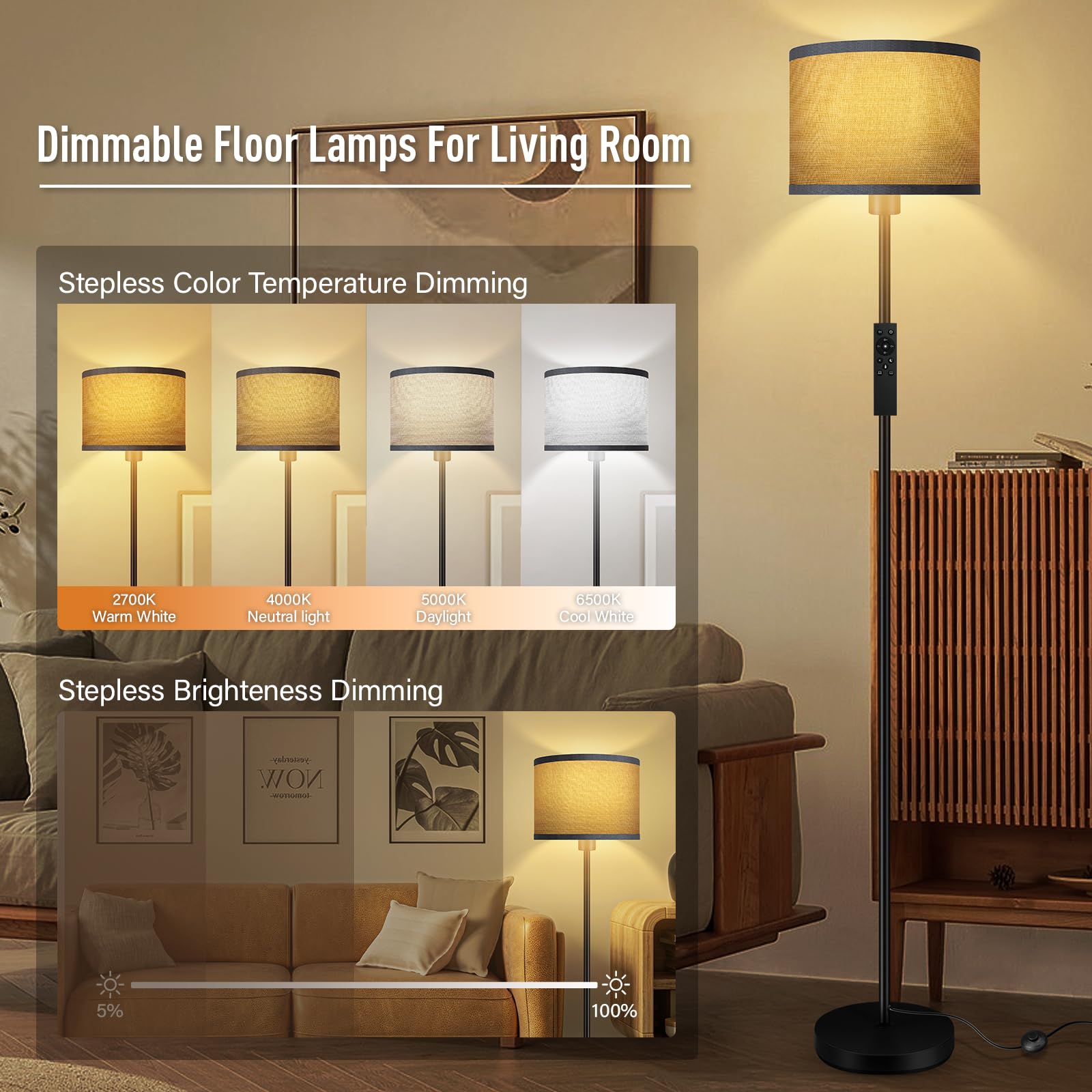 Bricosmocon Floor Lamp, Stepless Dimmable 10W/1200LM, 2700K-6500K Adjustable, Gray Linen, Model B1183