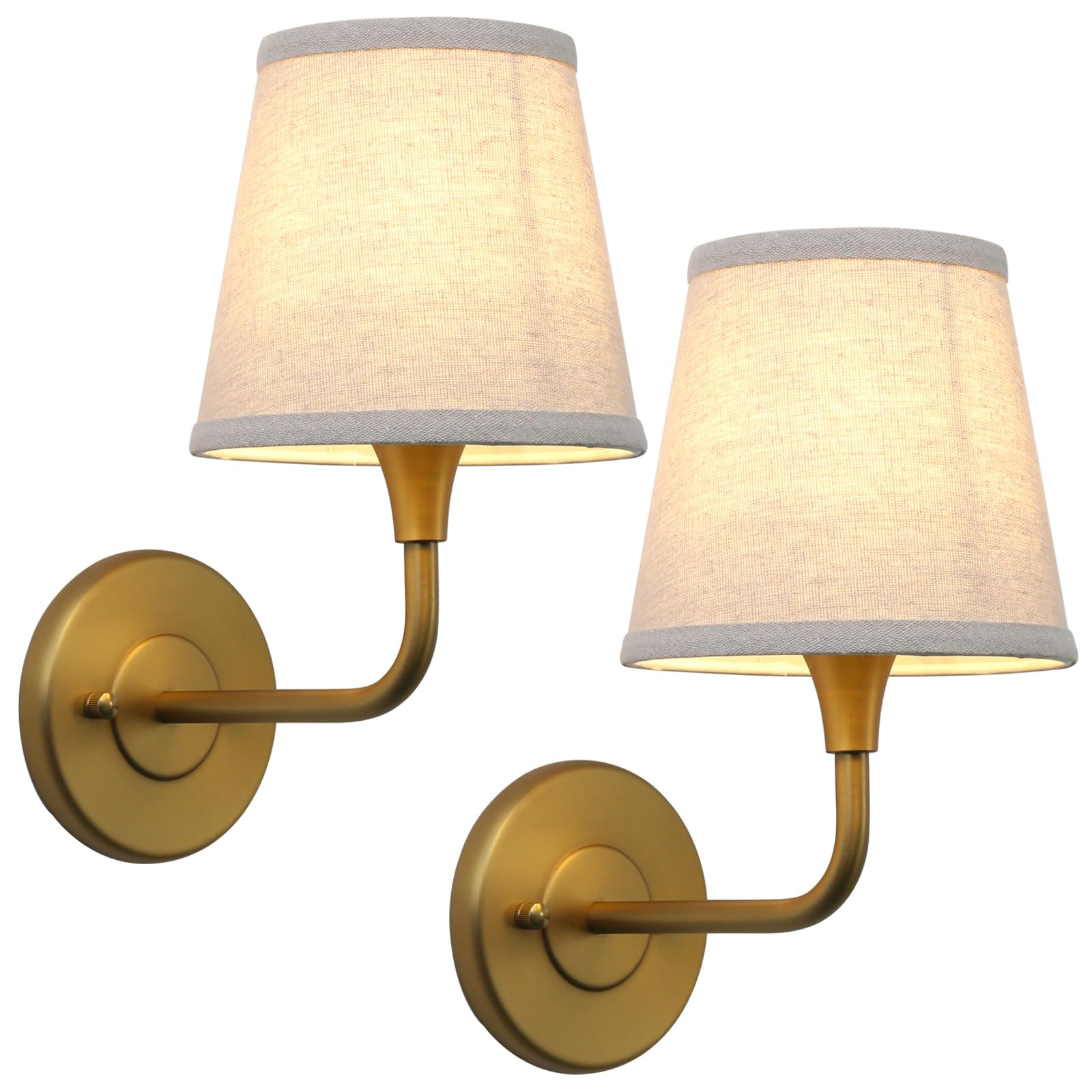 Phansthy Hardwired Brass Boho Wall Sconces Set of 2  Vintage Industrial Wall Lamps  Vanity Sconces Wall Lighting with Natural Fabric Shade for Bathroom Bedroom Living Room (Antique + Linen Shade)