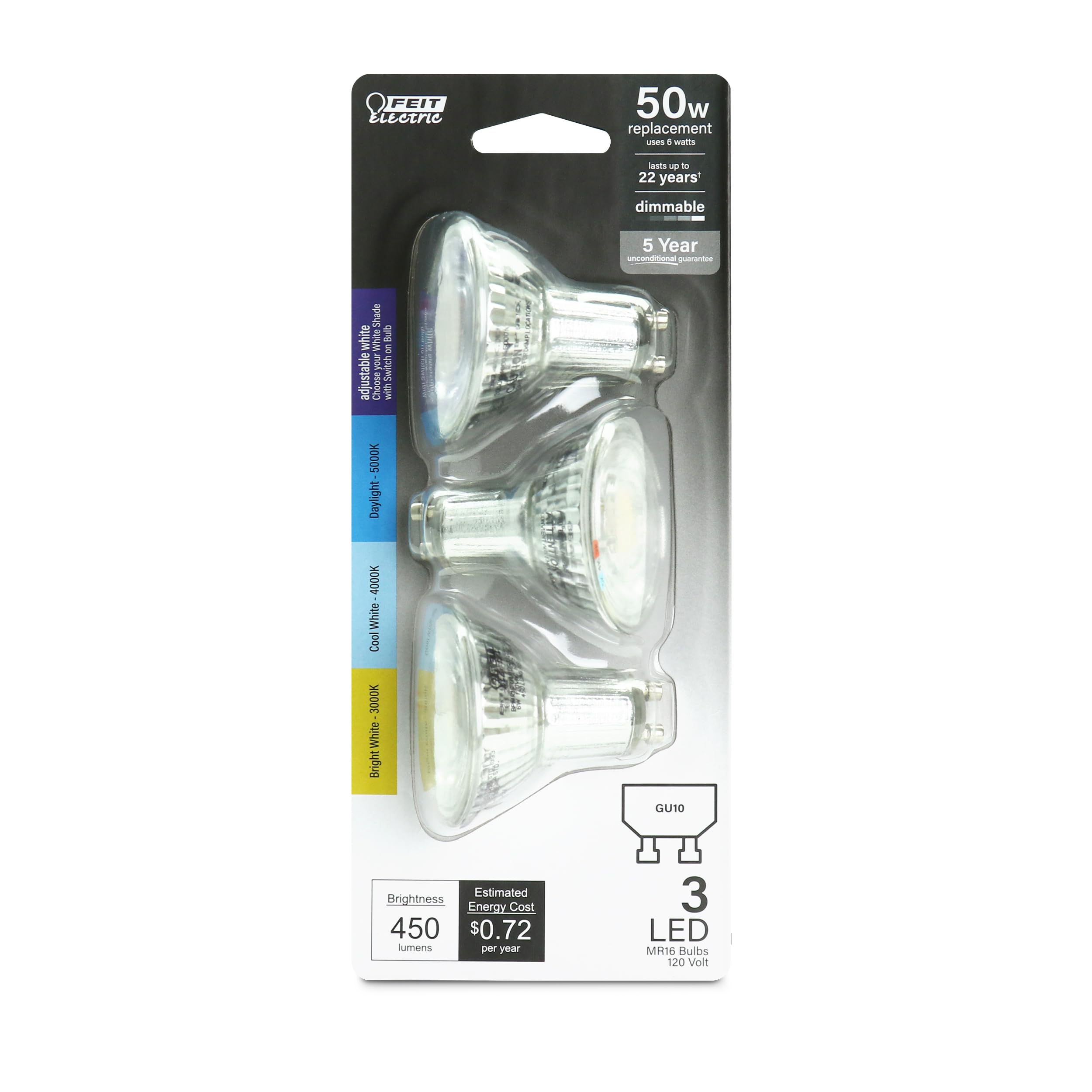 Feit Electric Mr16 Led Reflector Light Bulb, 50W Equivalent, Dimmable, Gu10 Base, 90+ Cri, 450 Lumen, Adjustable Color Temperatu