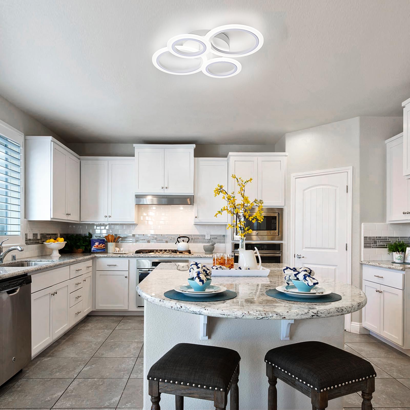 Teminbu Modern Led Ceiling Light, White 4 Rings Flush Mount Ceiling Light, 4000K Lighting Fixture Ceiling Lamp For Kitchen, Bedroom, Living Room, Laundry Room
