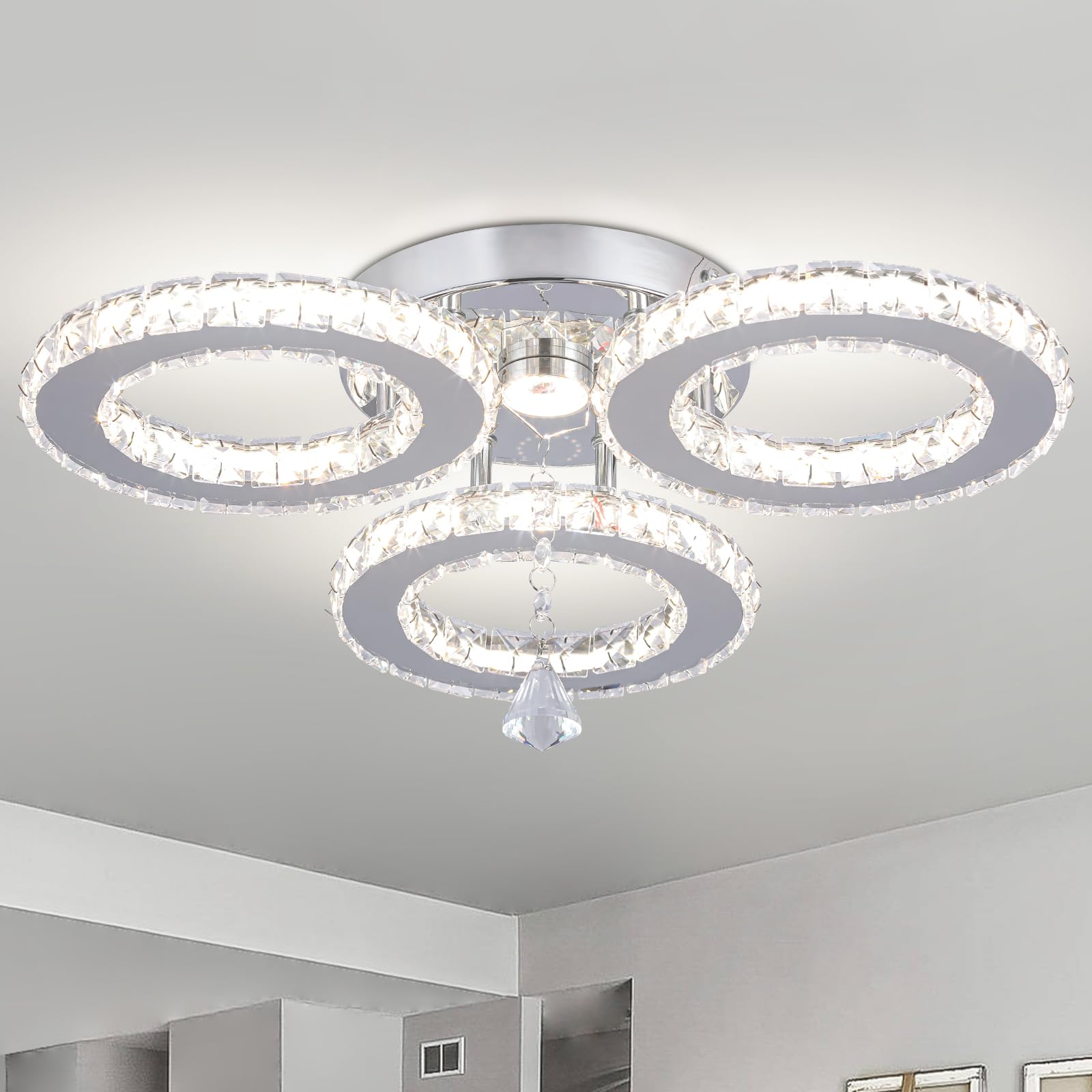 diisunbihuo Dimmable LED Crystal Ceiling Light 13x3.5 Inches 3 Rings Crystal Chandelier Flush Mount Lighting Fixture for Bedroom