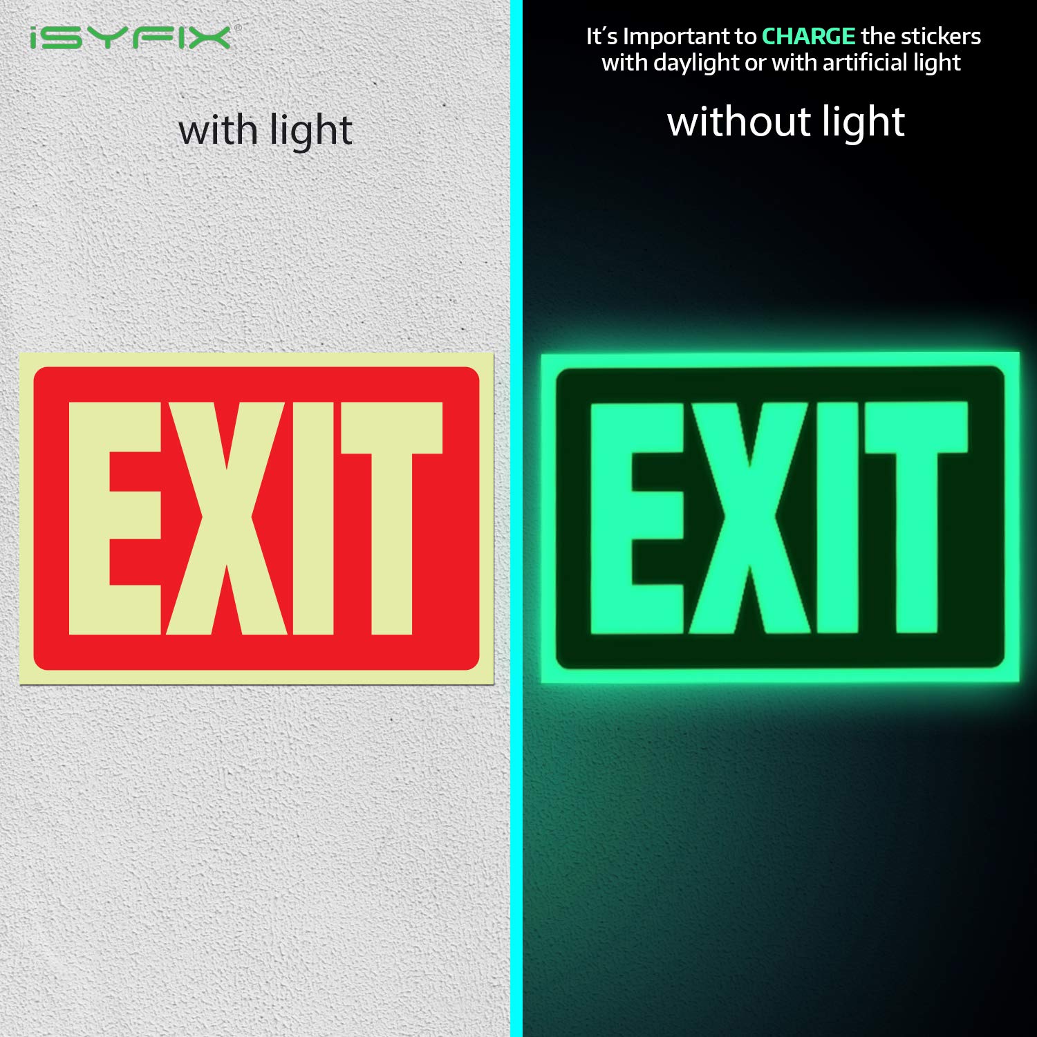 Isyfix Exit Glow In The Dark Sign Stickers Red – 2 Pack 10X7 Inch – Photoluminescent Vinyl, Laminated For Uv, Weather & Fade Resistance, Indoor & Outdoor For Business, School, Office, Warehouse