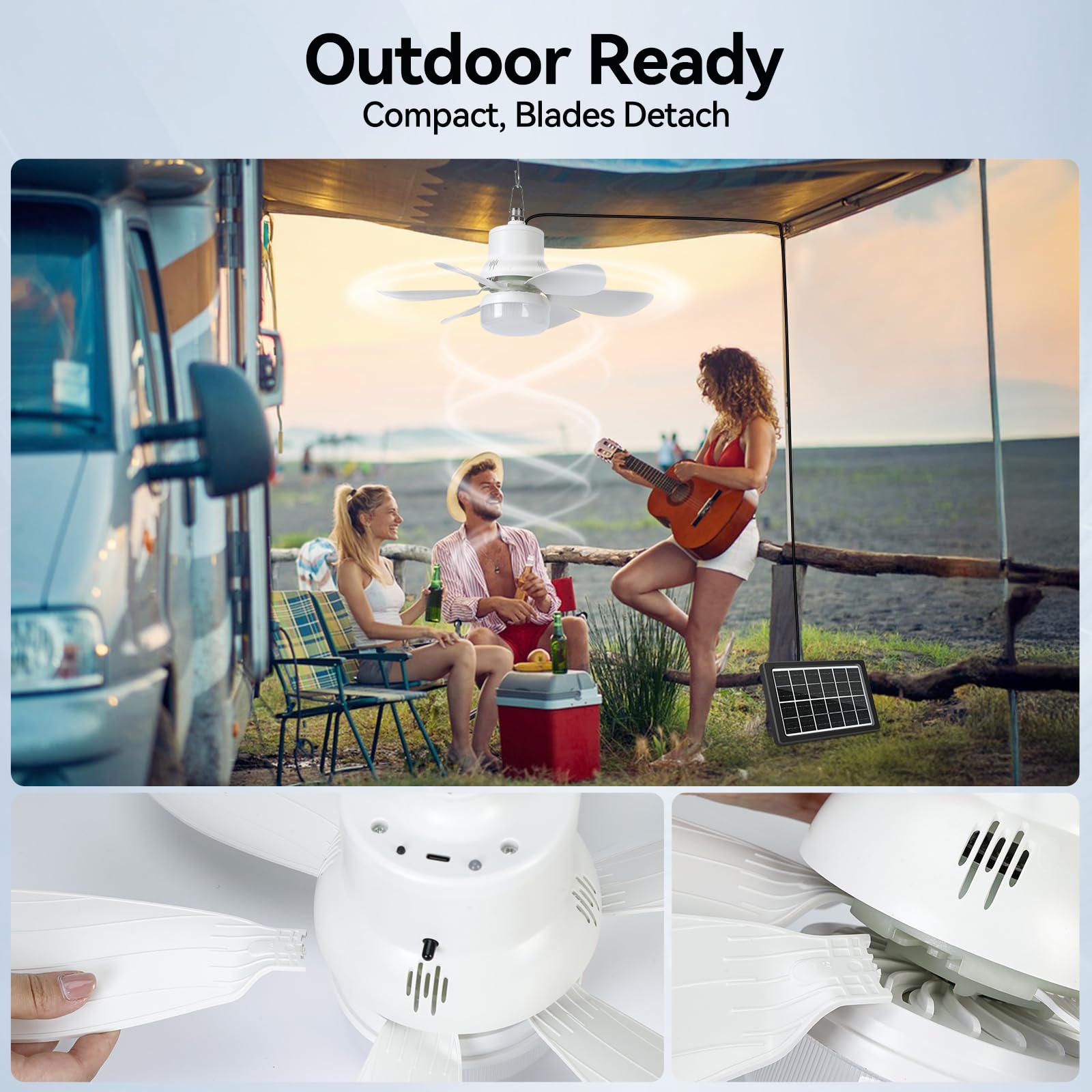 Solar Powered Ceiling Fan with Light, Dual USB-C/Solar Charging, 18.5 Quiet Outdoor Hanging Fan Light with Timer, 3 Speed/3CCT,