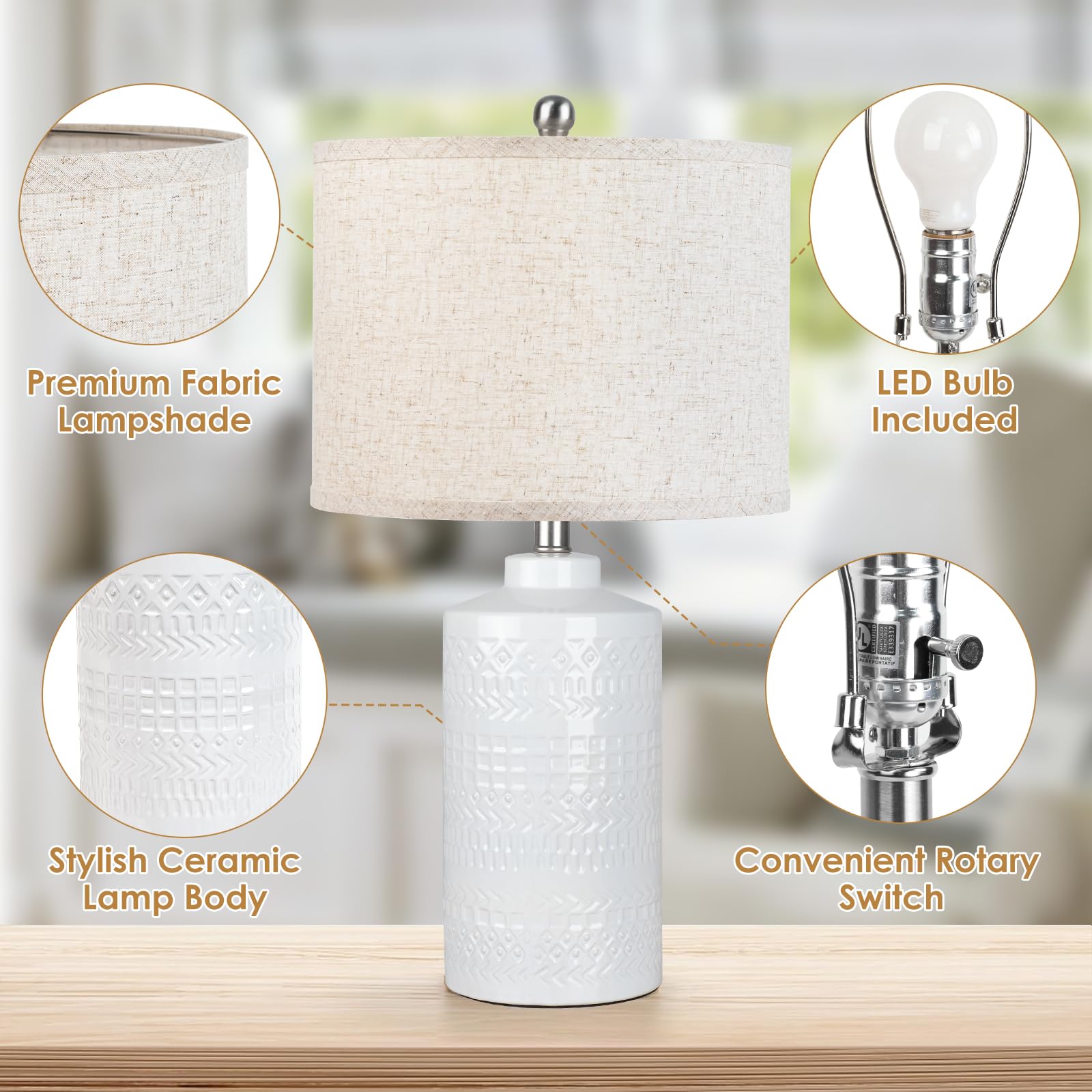 JUNNAI White Ceramic Table Lamp - 3-Way Dimmable, 24.5" Beige Shade for Living Room, Bedroom, Office