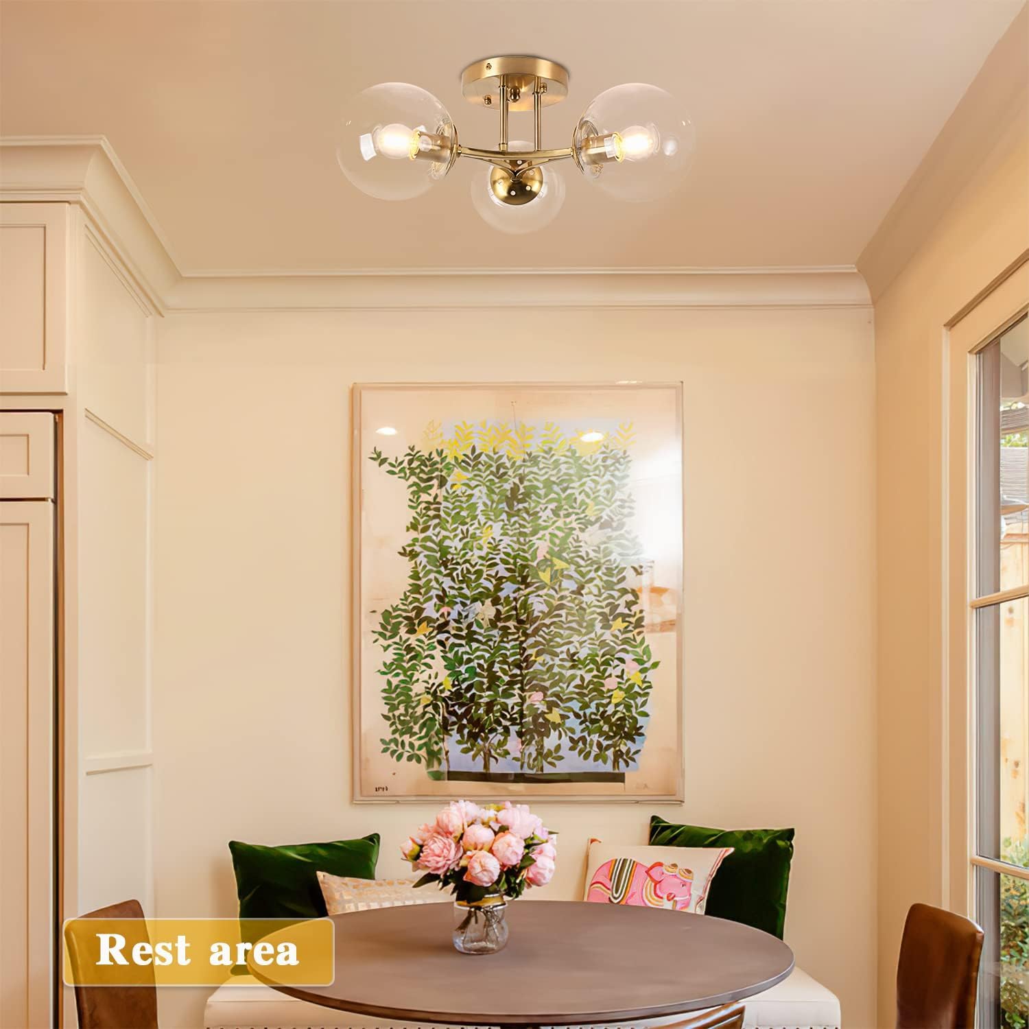 Bagood Mid Century Modern Ceiling Light Clear Globe Semi Flush Mount Ceiling Light Gold Sputnik Light Fixture Chandeliers Clear Glass Brushed Brass Chandeliers Living Room Dining Room Bedroom 3 Lights