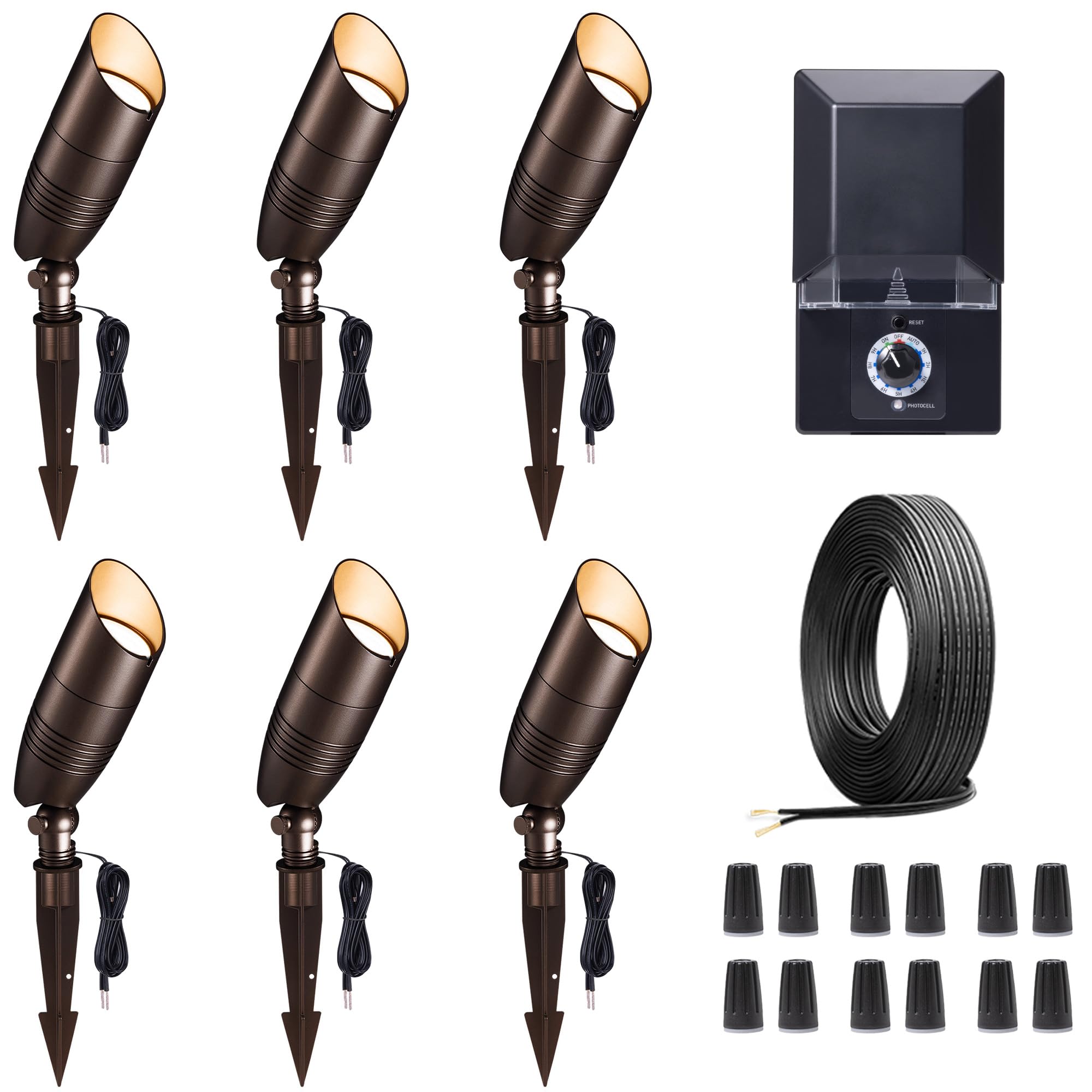 Varmtalys Landscape Light Kit, 6 Pack 3CCT Selectable Spot Light and 100W Low Voltage Transformer and 100FT Cable and 30 Wire Co