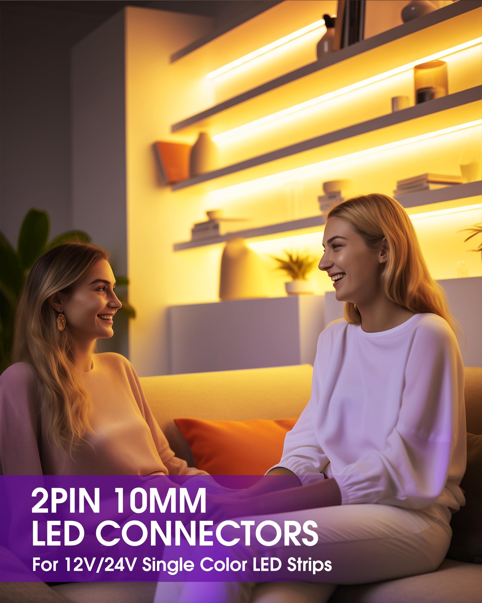 HitLights 12 Pack LED Connector, 2 Pin 10mm, Solderless Transparent Strip Lights Connector for 12V/24V LED Light Strips