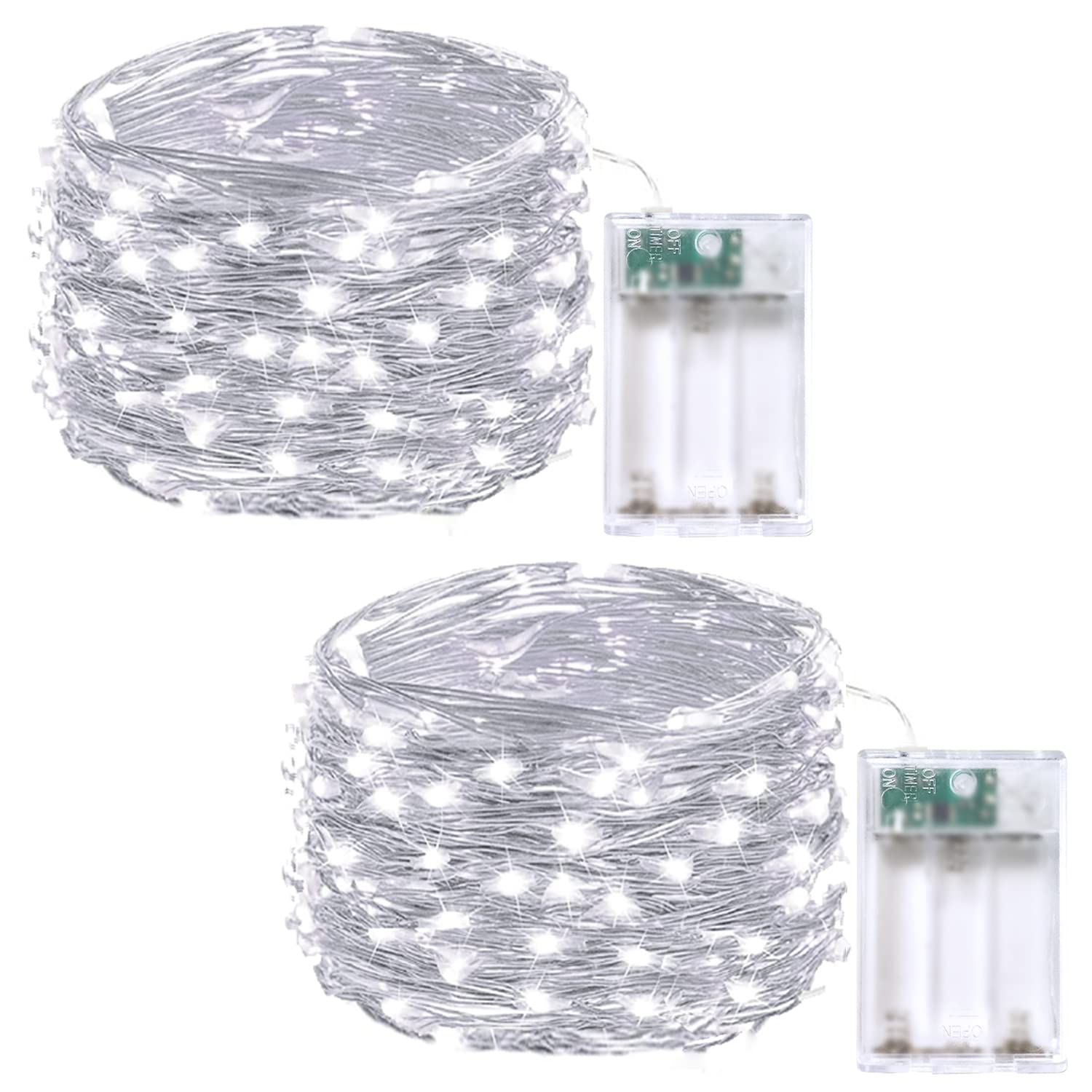 EXF 2-Pack Fairy Lights, 50 LED, Battery Operated, Waterproof, 16FT, Cool White, Model YHY-BO50LED, Indoor Outdoor Decor