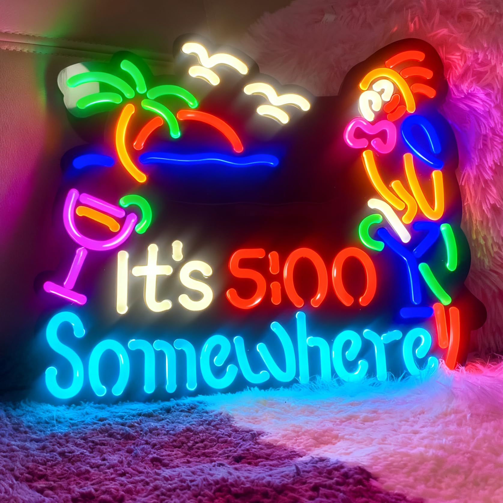 Jigsaw Puzzle ItS 5:00 Five Oclock Somewhere Neon Light Sign  Man Cave Men Led Light  Home Wall Signs Gifts  Decorations  Palm Tree  Beach  Sun  Tiki Bar  Garage  Accessories  Cart  Party  Bedroom  Led Sign  Lights