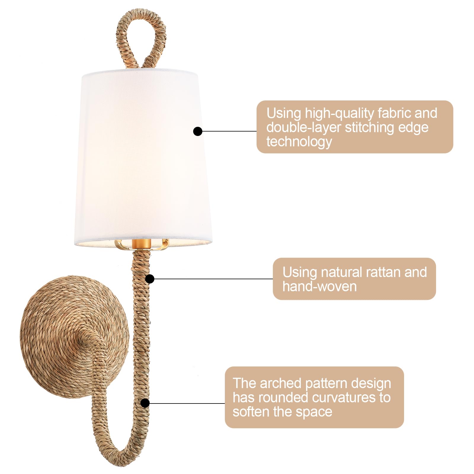 MhyTogn Rattan Wall Sconce Set of 2, Boho Wicker with Creamy-White Fabric Shade for Living Room, Stairway, Hallway