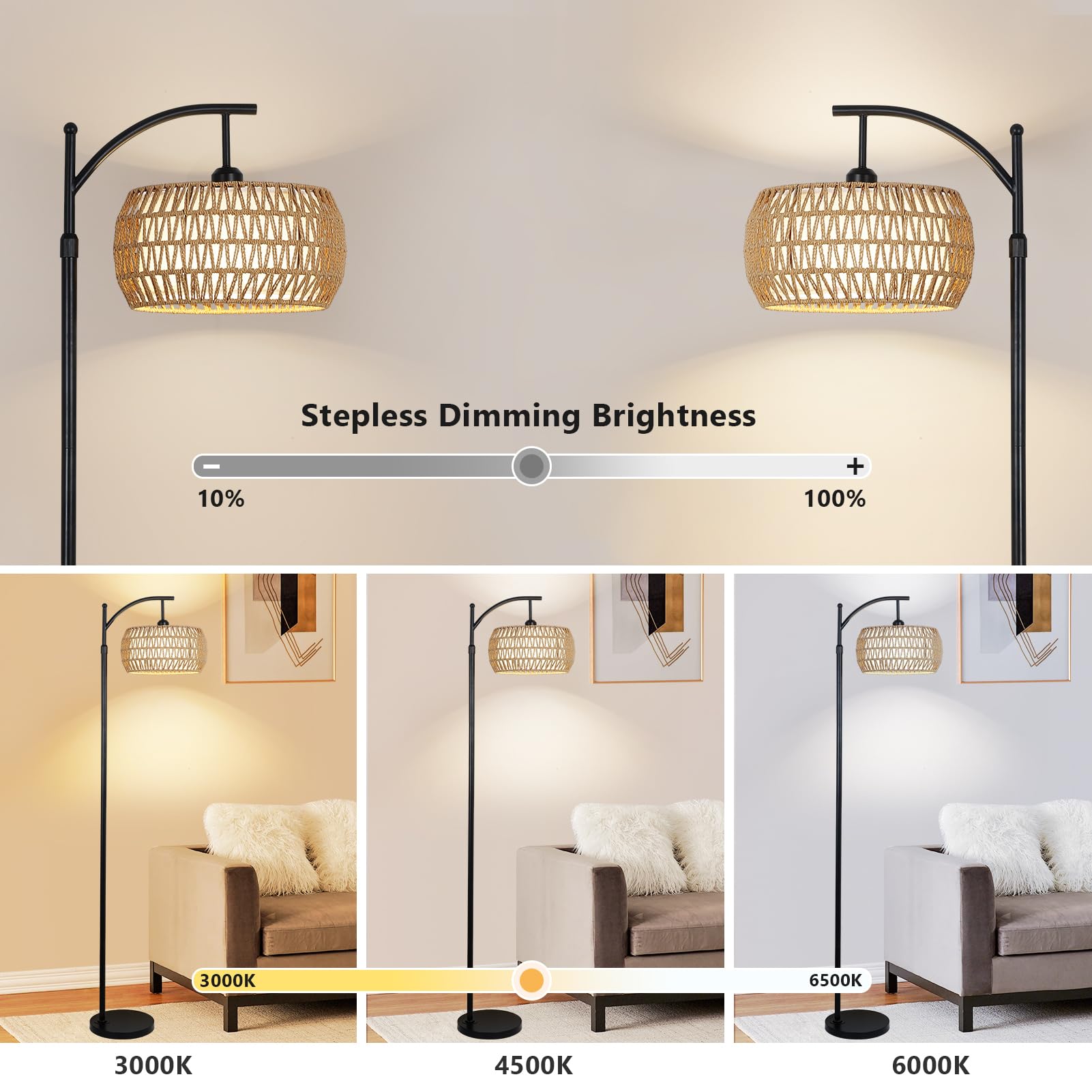 Arc Floor Lamp With Remote Control, Dimmable Led Floor Lamp With 3 Color Temperature, Black Standing Lamp With Rattan & Fabric D