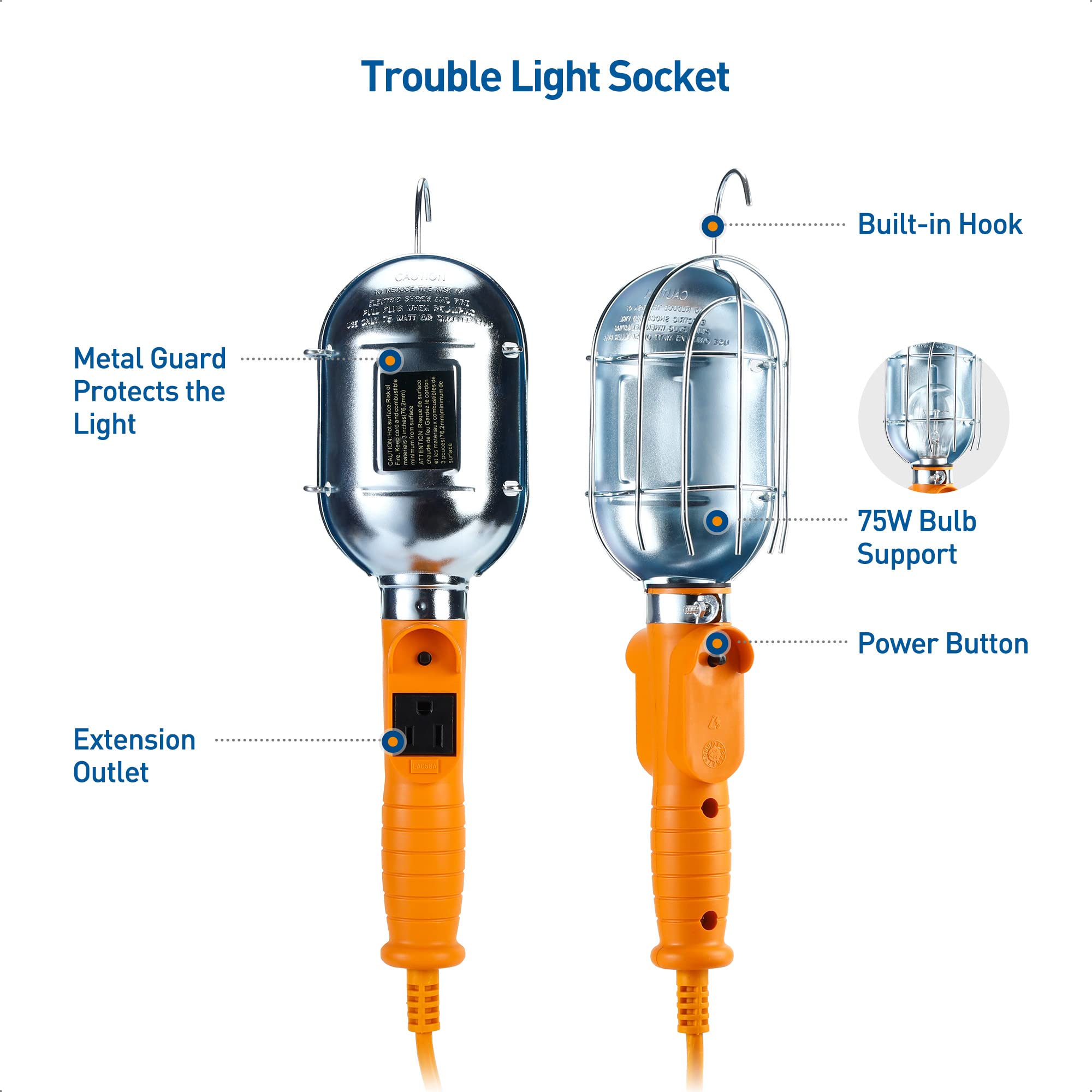 [Ul Listed] Cable Matters 25Ft 75W Trouble Light With Cord, 16 Awg Old School Drop Light/Incandescent Work Light With Built-In Outlet And Metal Guard In Orange For Indoor And Outdoor Use