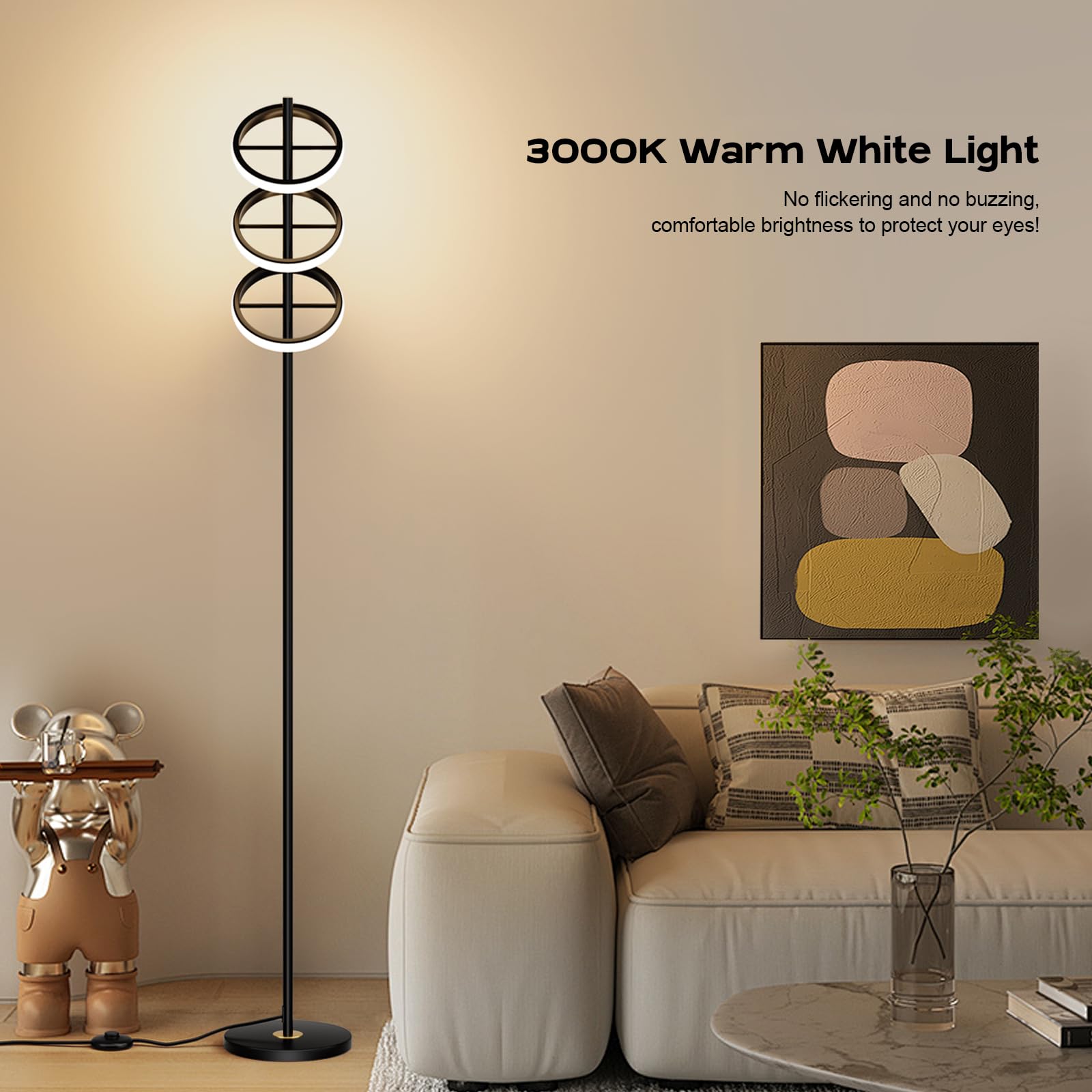 Figdifor Modern Led Floor Lamp - Adjustable 3 Saturn Rings-Contemporary Tall Standing Lamp For Living Room & Office Bedroom Read