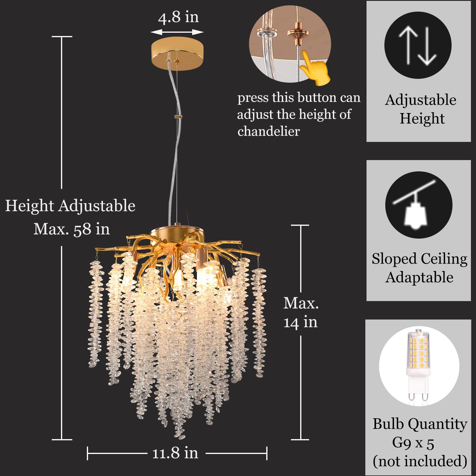 Upfelw Modern Tree Branch Chandelier, D11.8'' Gold Crystal Raindrop Indoor Hanging Pendant Light Fixture For Dining Room Kitchen