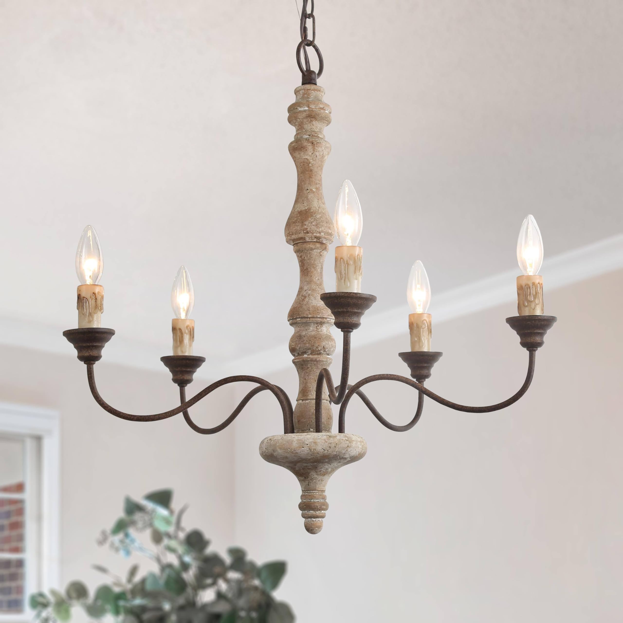 GEPOW Farmhouse Chandelier, 5-Light French Country Chandelier, Rustic Distressed Wood Chandeliers Light Fixture for Dining Room,