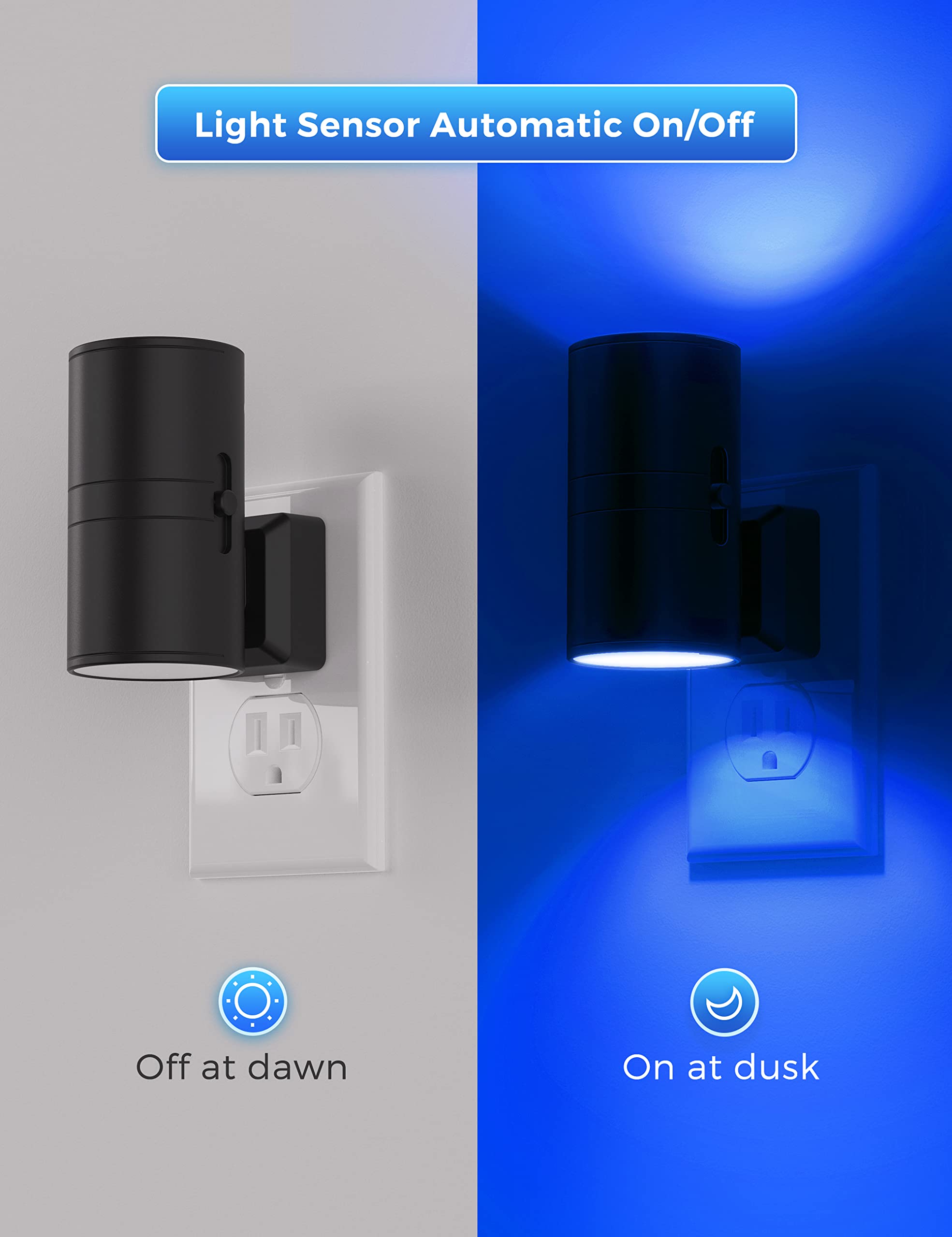 L LOHAS LED Blue Night Light - Adjustable Brightness, Dusk to Dawn Sensor, 0-100LM, 2 Pack