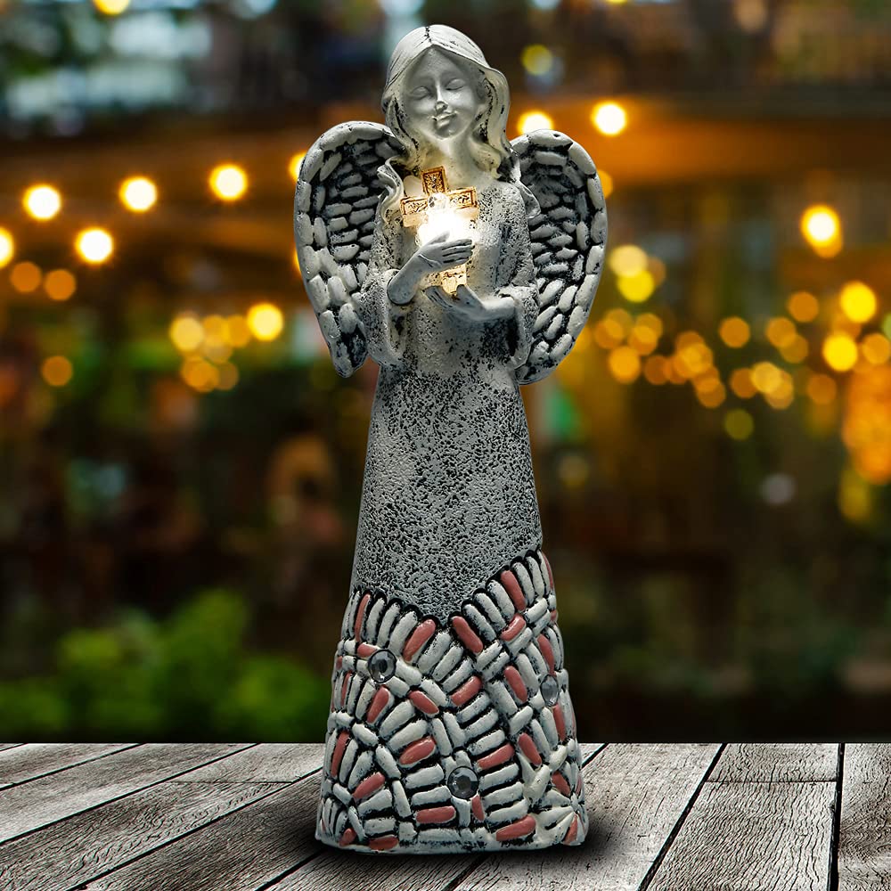 Yiosax Angel Garden Statue - Outdoor Solar Decor, Resin, 10.24 Inch, Cross Praying Angel for Cemetery Backyard Lawn Decoration
