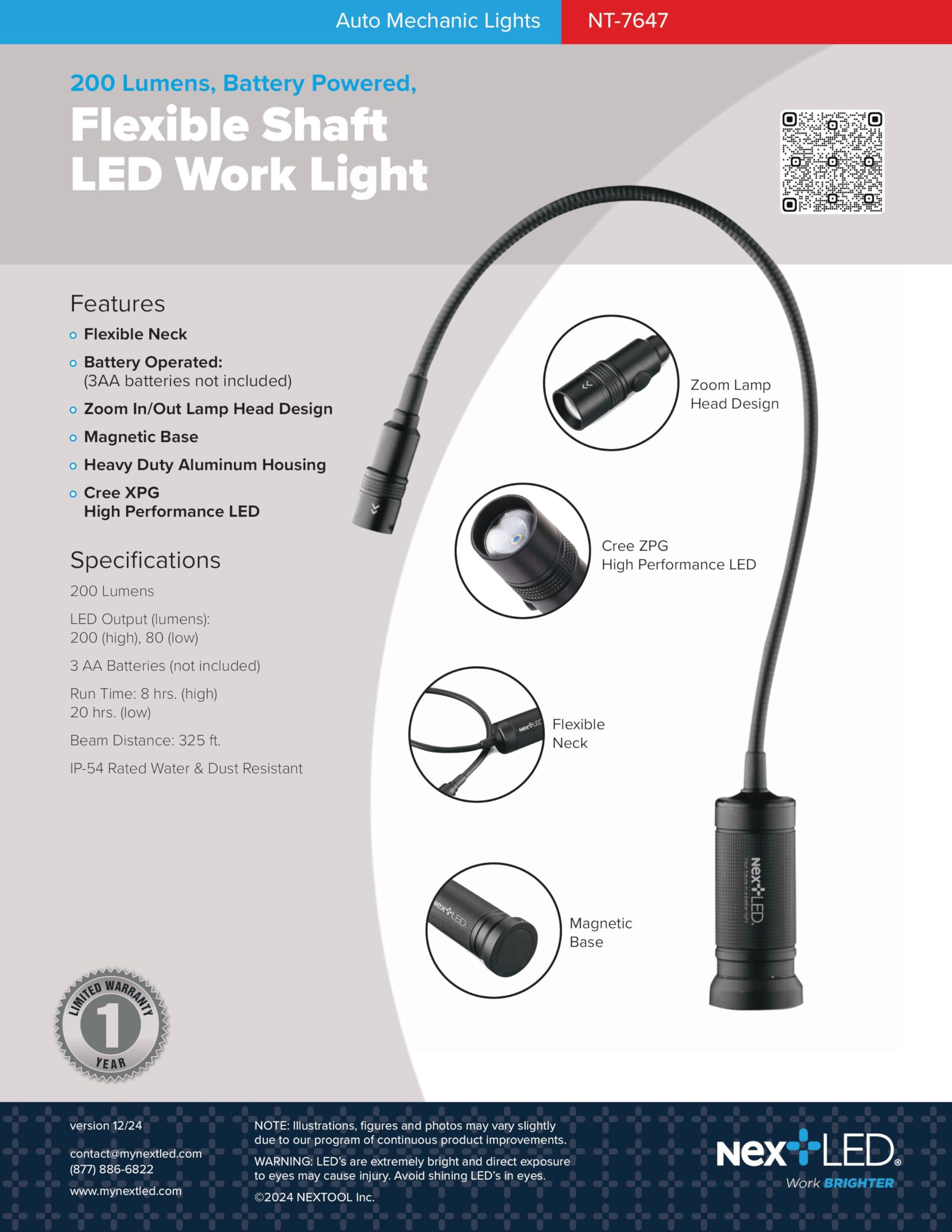 Nextled Nt-7647 20-Inch Gooseneck Flashlight With Magnetic Base, Cree Led, Zoomable Lens, Ip54 Rating Waterproof. Flexible Led Light, Work Bench, Auto Repair, Grill Light, Inspection