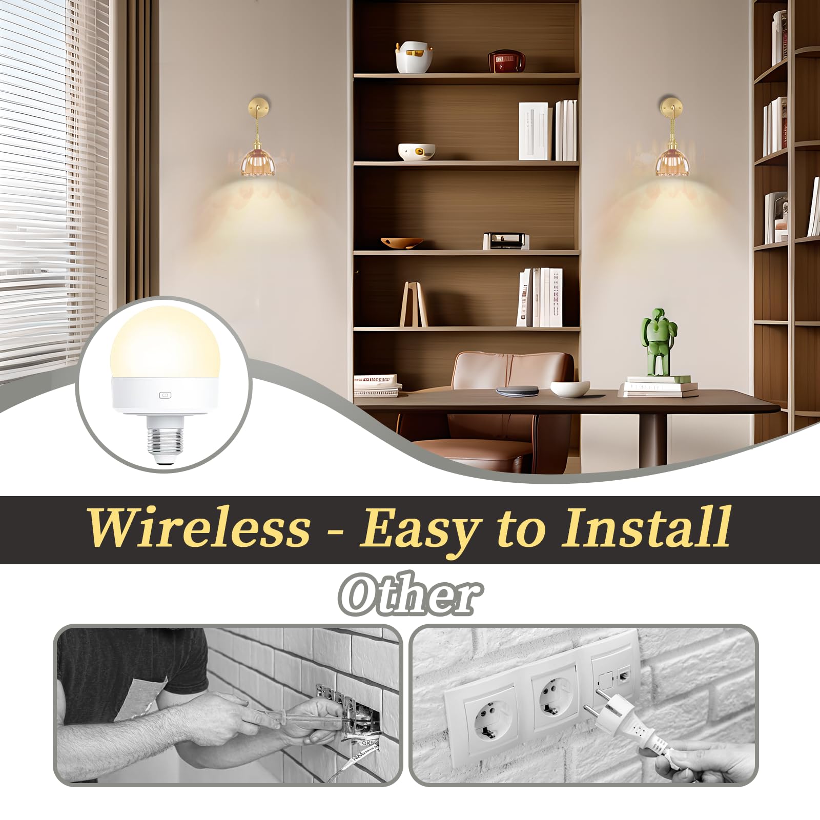 Kavedod Battery Operated Wall Sconces Cct Dimmable Wireless Sconces Set Of 2, Vintage Light Fixture With Amber Tulip Glass Lamps