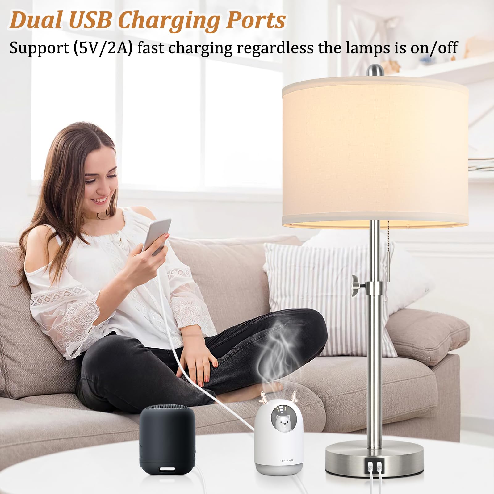 Kondras 23"-30" Adjustable Silver Table Lamp Set of 2 with USB Ports, Metal Nightstand Lamp for Bedroom & Living Room, Model T0450-ST+WH