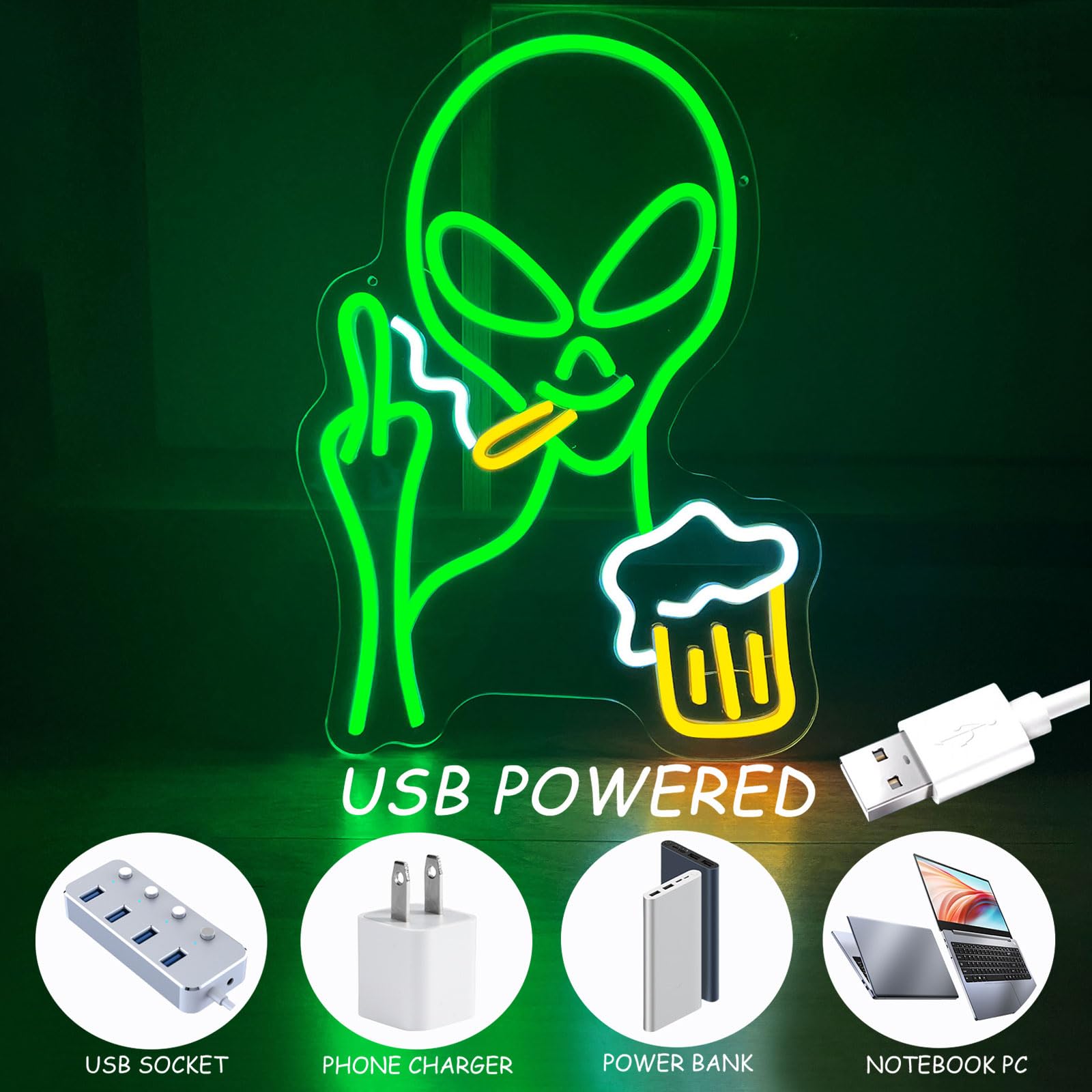 Nen Sign Green Alien Neon Light - Dimmable LED Wall Decor for Kids, USB Powered, Perfect for Bedroom, Game Room, and Parties