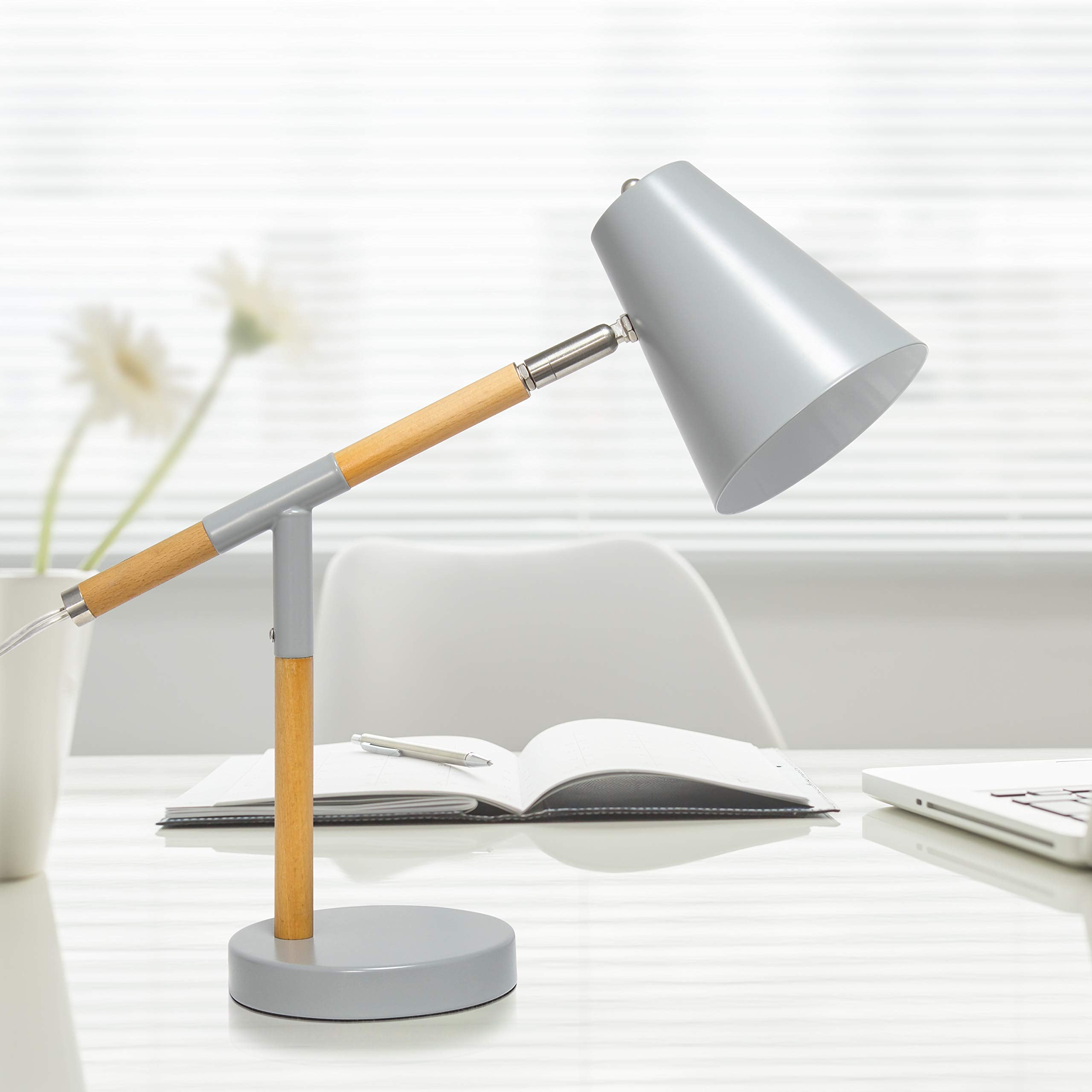 Simple Designs Ld1059-Gry Gray Matte And Wooden Pivot Desk Lamp
