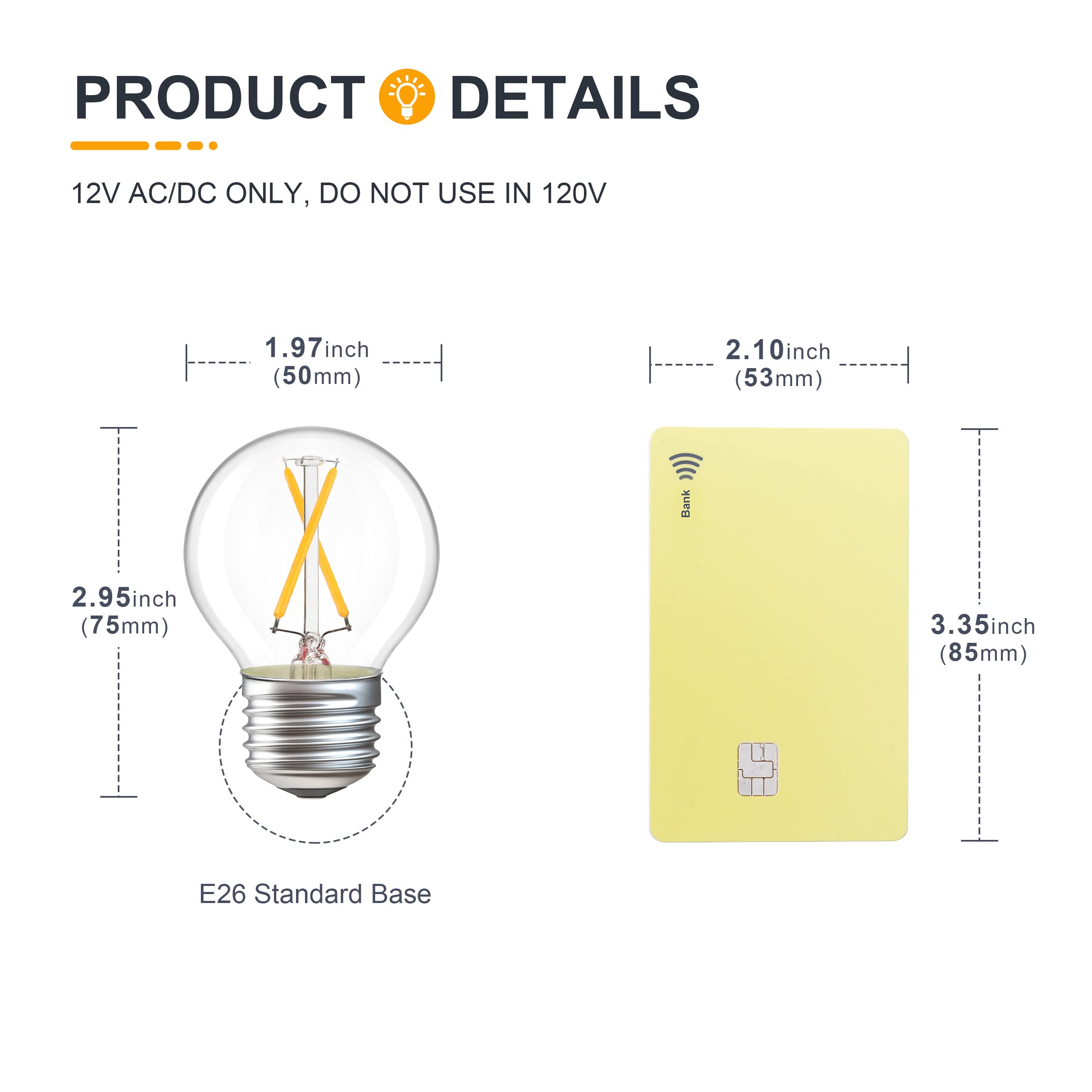 Tokcon 12 Volt E26 Edison Led Light Bulbs - Soft Warm 2700K 2W (Only For 12V Dc/Ac)- 25W Equivalent Low Voltage Small Globe Bulb