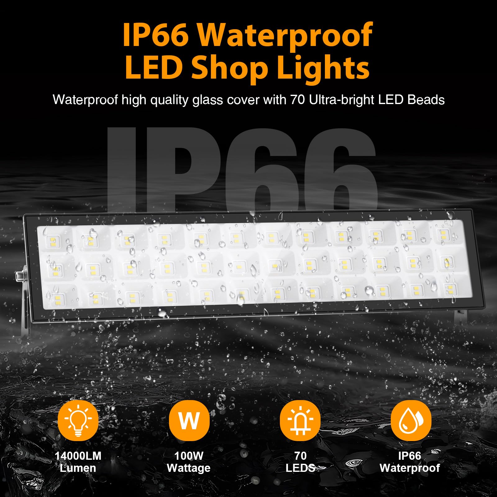 Meloght 4-Pack LED Shop Lights, 100W, 14000lm, IP66 Waterproof, 4.92ft Cord, On/Off Switch, 6500K, Black
