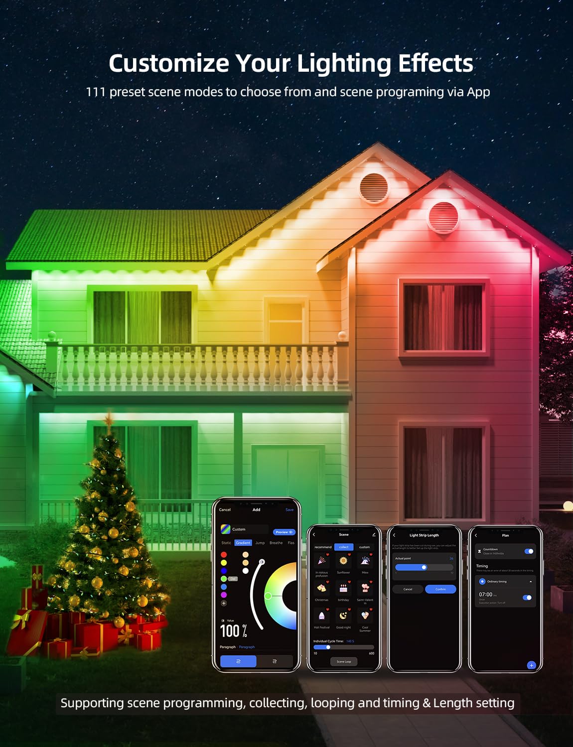 APPECK Outdoor String Lights 100ft, 72 LEDs, Smart RGBW, Waterproof, Black, Model C5109-C-1
