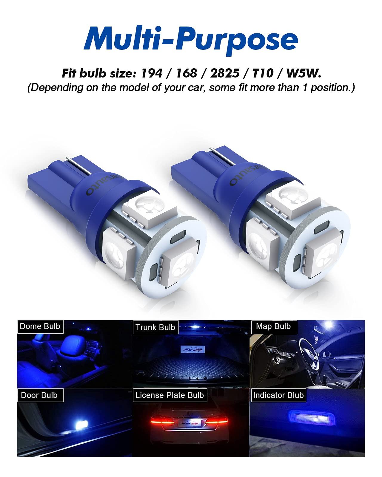 Marsauto 194 Led Bulb Blue 168 T10 2825 5Smd No Polarity Replacement Bulbs For Car Dome Map Door Courtesy License Plate Dashboard Lights Lamp 12V